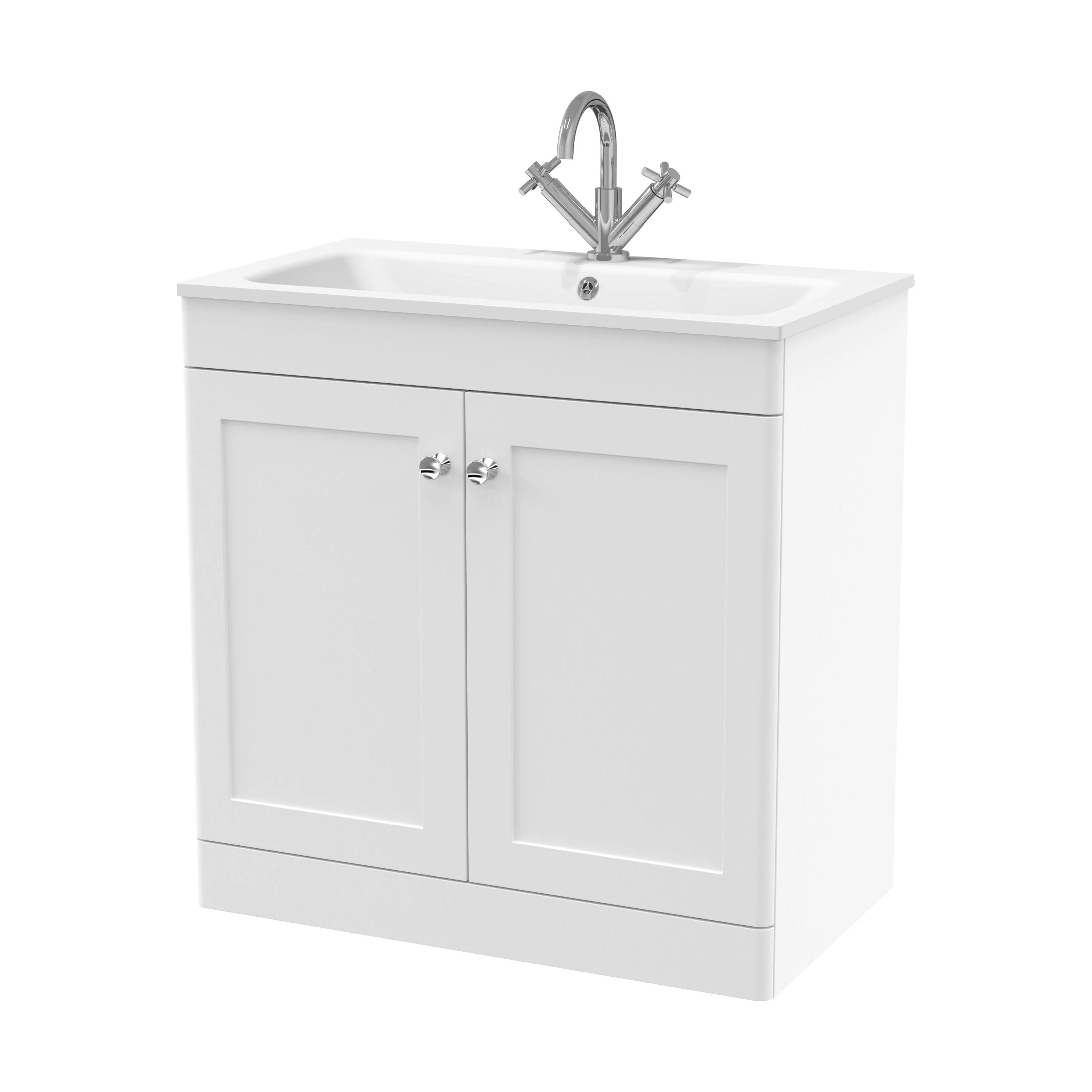 Swynnerton Traditional 2 Door Floor Standing Vanity Unit with Stone Basin, Satin White, 800mm