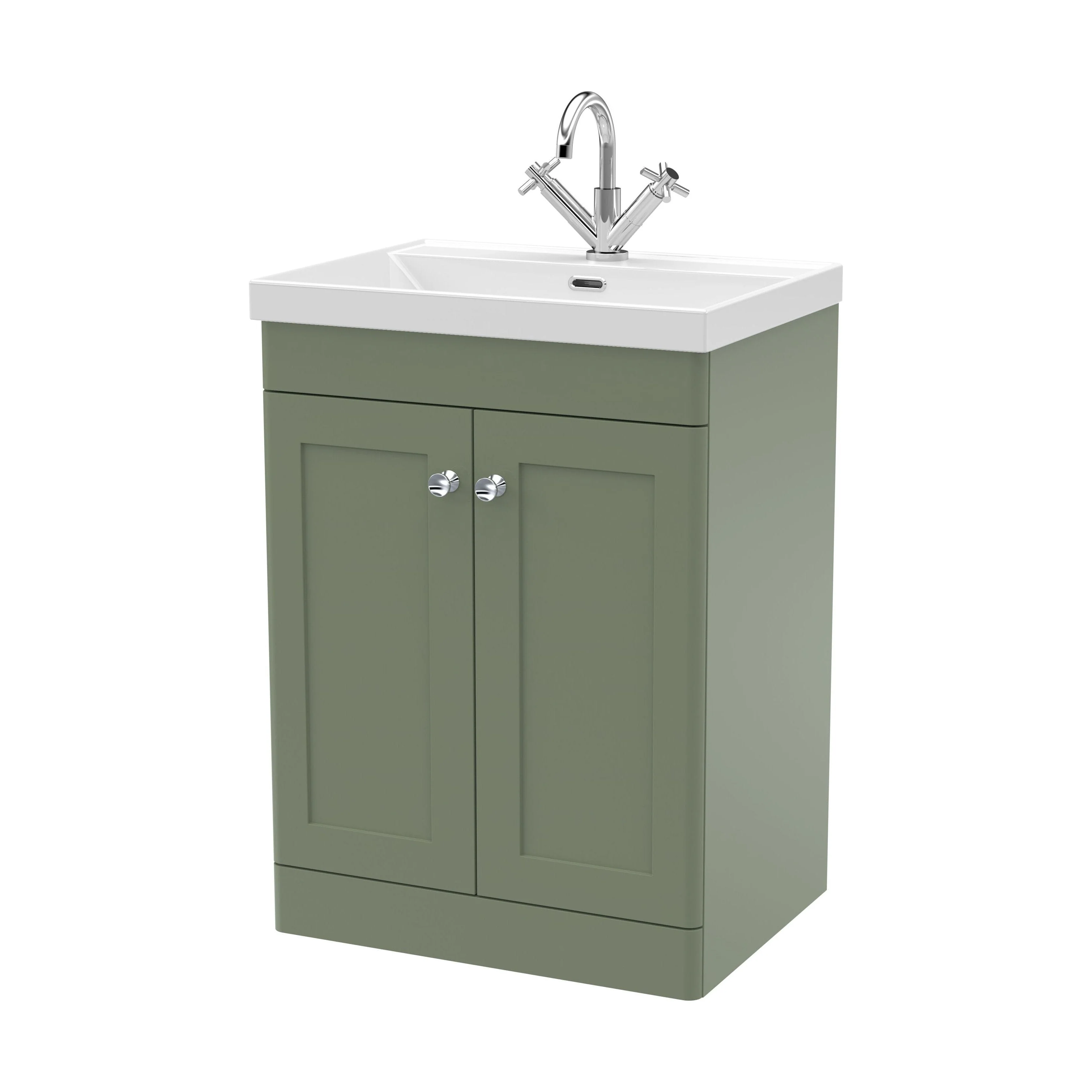 Swynnerton Traditional 2 Door Floor Standing Vanity Unit with Thin Edge Basin, Satin Green, 600mm