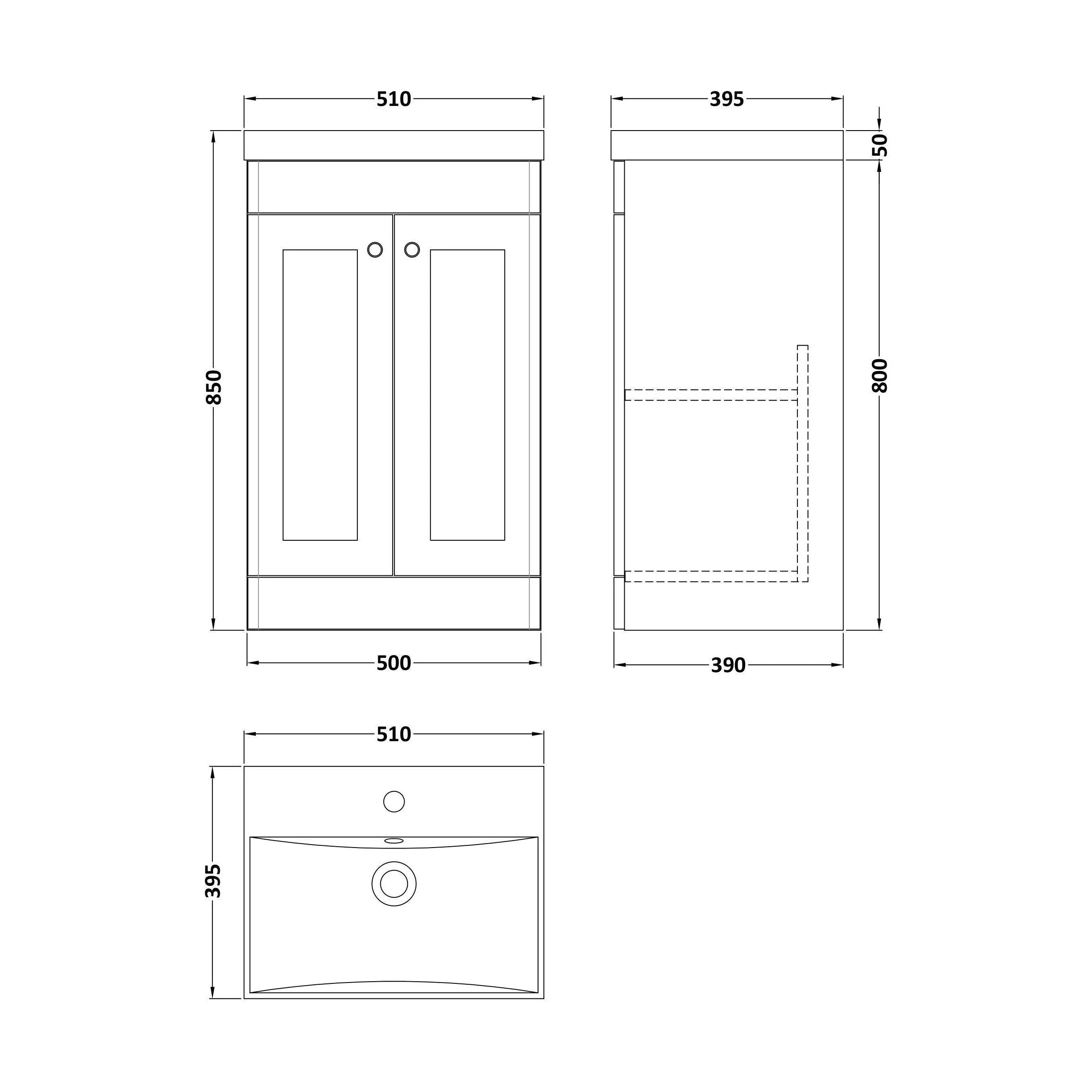 Swynnerton Traditional 2 Door Floor Standing Vanity Unit with Thin Edge Basin, Satin Grey, 500mm - Image 2