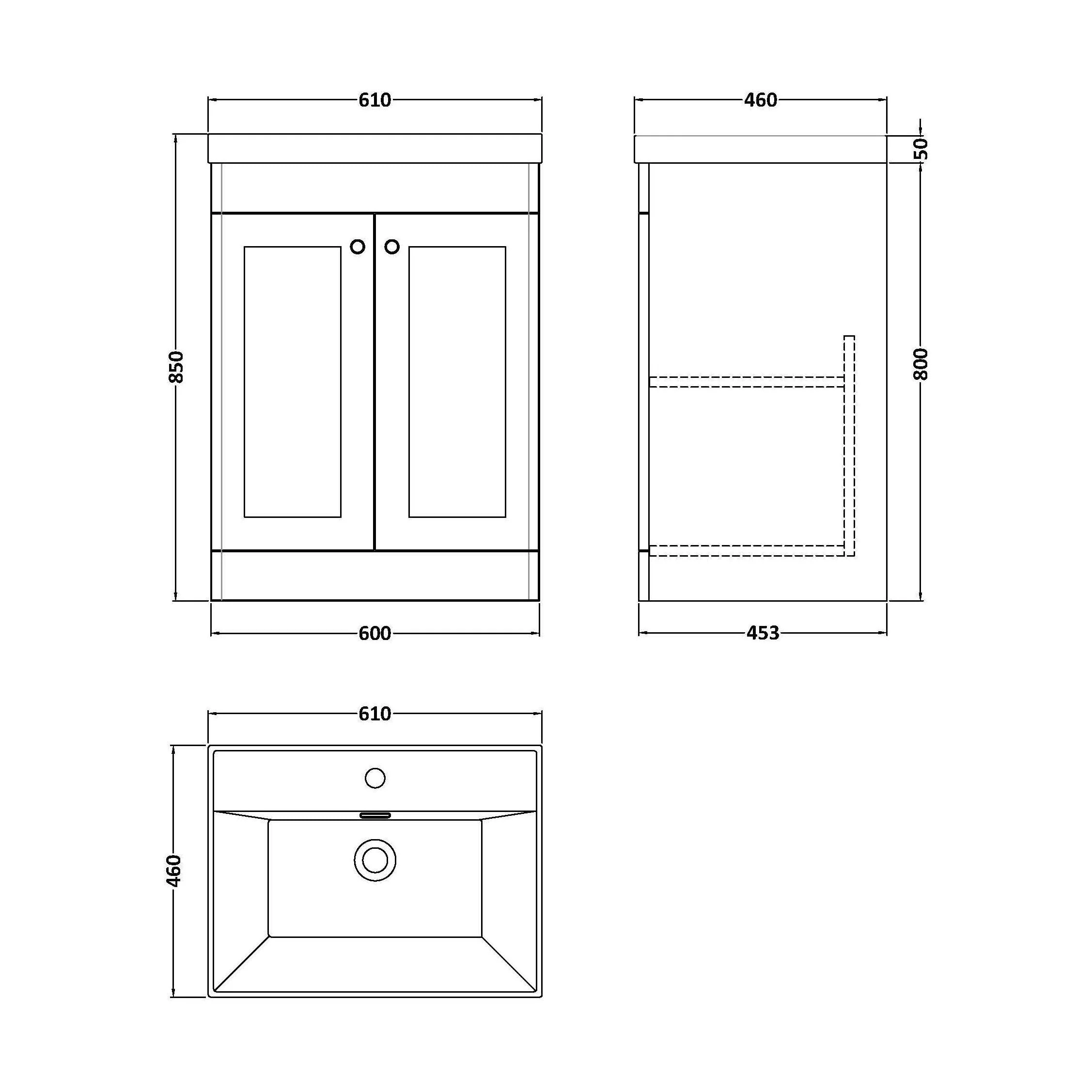 Swynnerton Traditional 2 Door Floor Standing Vanity Unit with Thin Edge Basin, Satin Grey, 600mm - Image 2