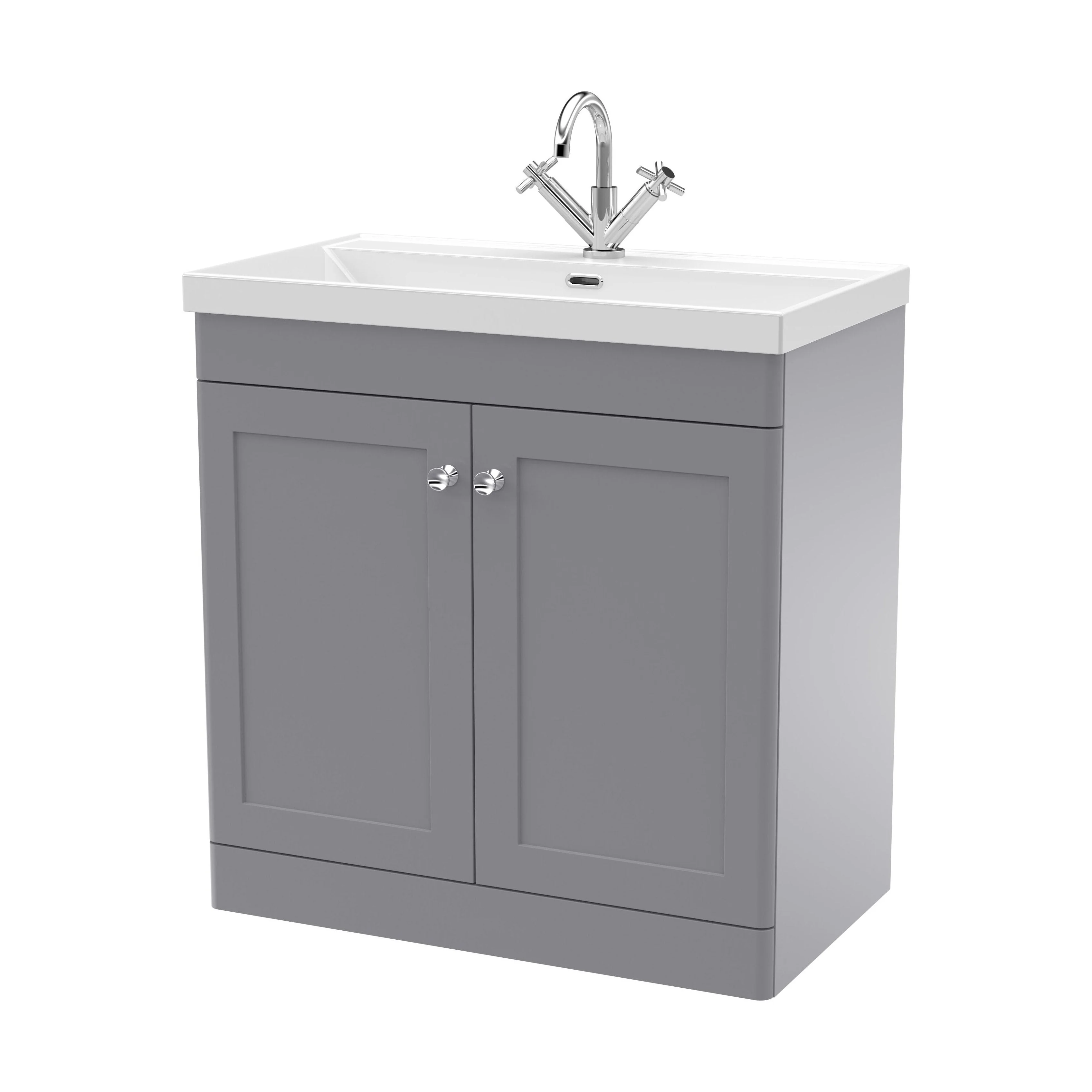Swynnerton Traditional 2 Door Floor Standing Vanity Unit with Thin Edge Basin, Satin Grey, 800mm
