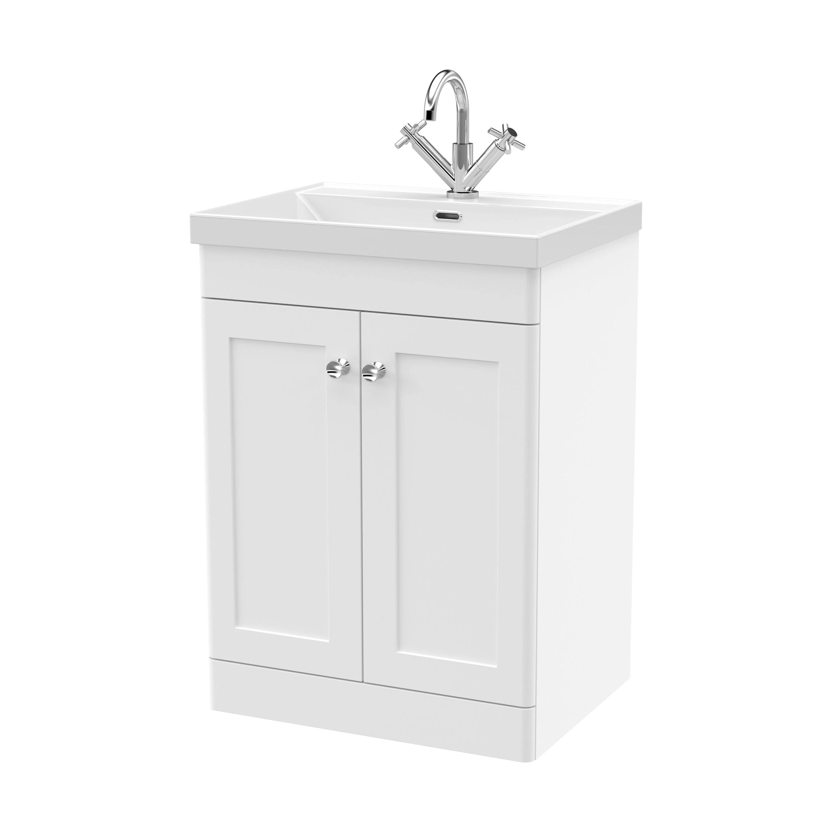 Swynnerton Traditional 2 Door Floor Standing Vanity Unit with Thin Edge Basin, Satin White, 600mm