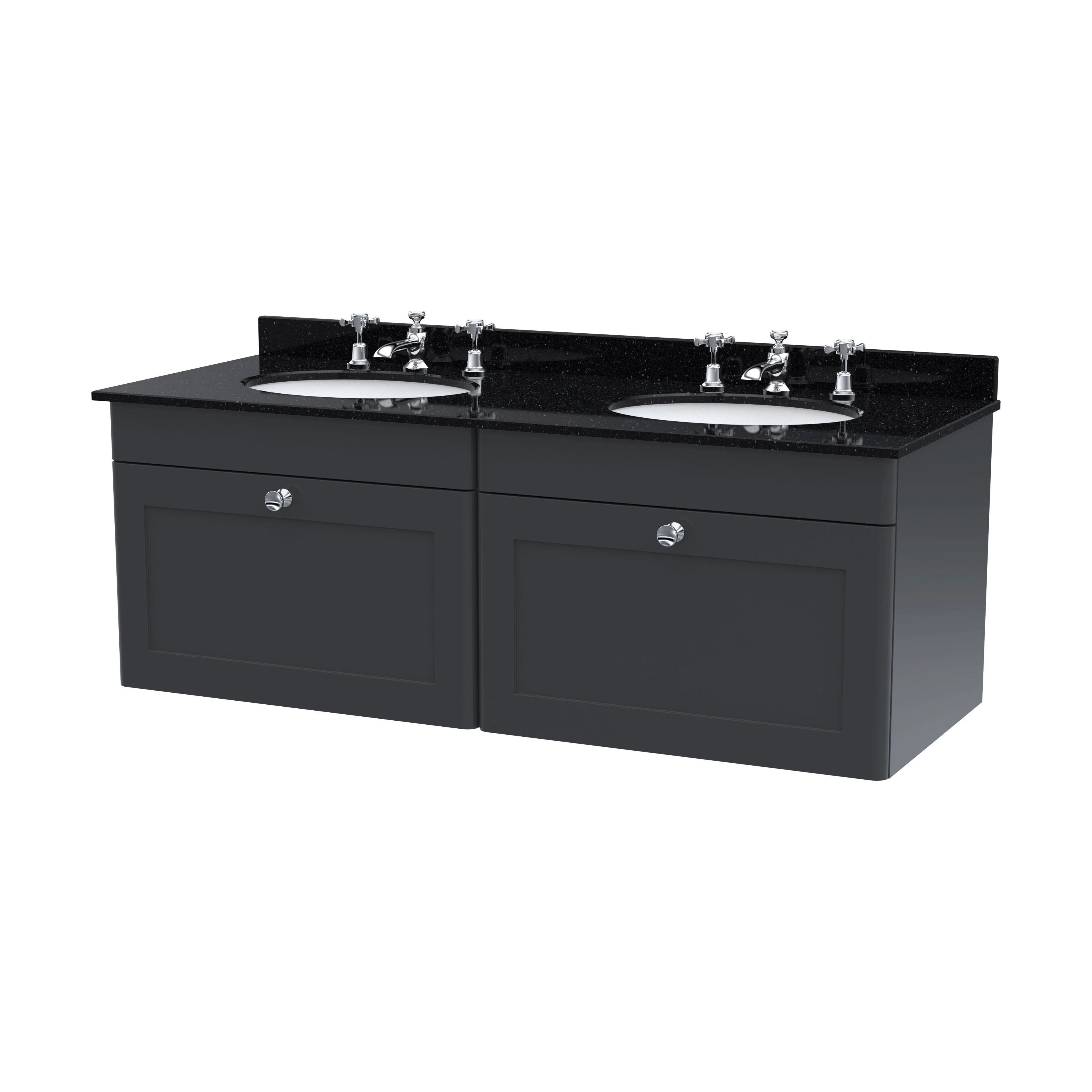 Swynnerton Traditional 2 Drawer Wall Hung Vanity Unit with Double Marble Basin, Dark Grey, 1200mm