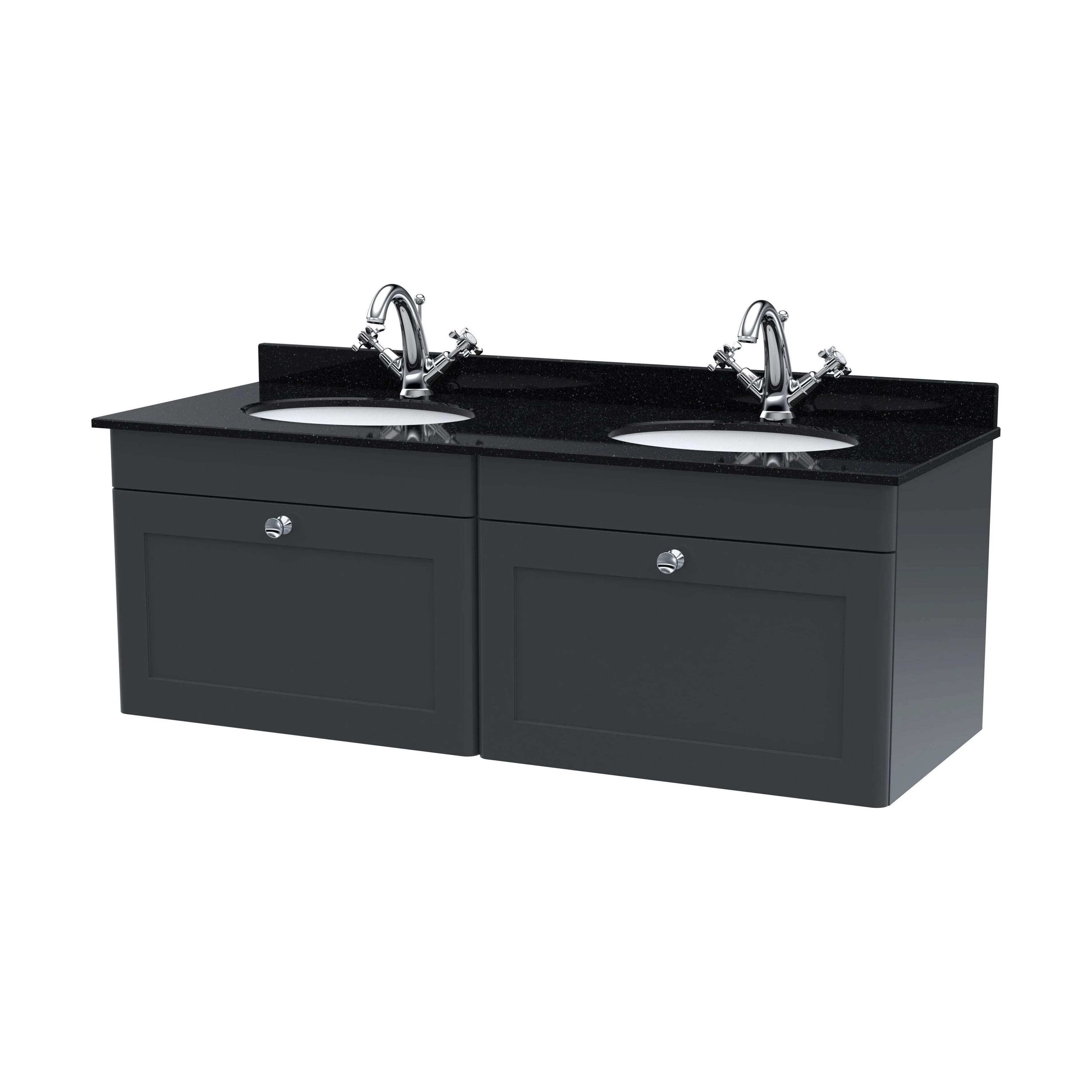Swynnerton Traditional 2 Drawer Wall Hung Vanity Unit with Double Marble Basin, Dark Grey, 1200mm