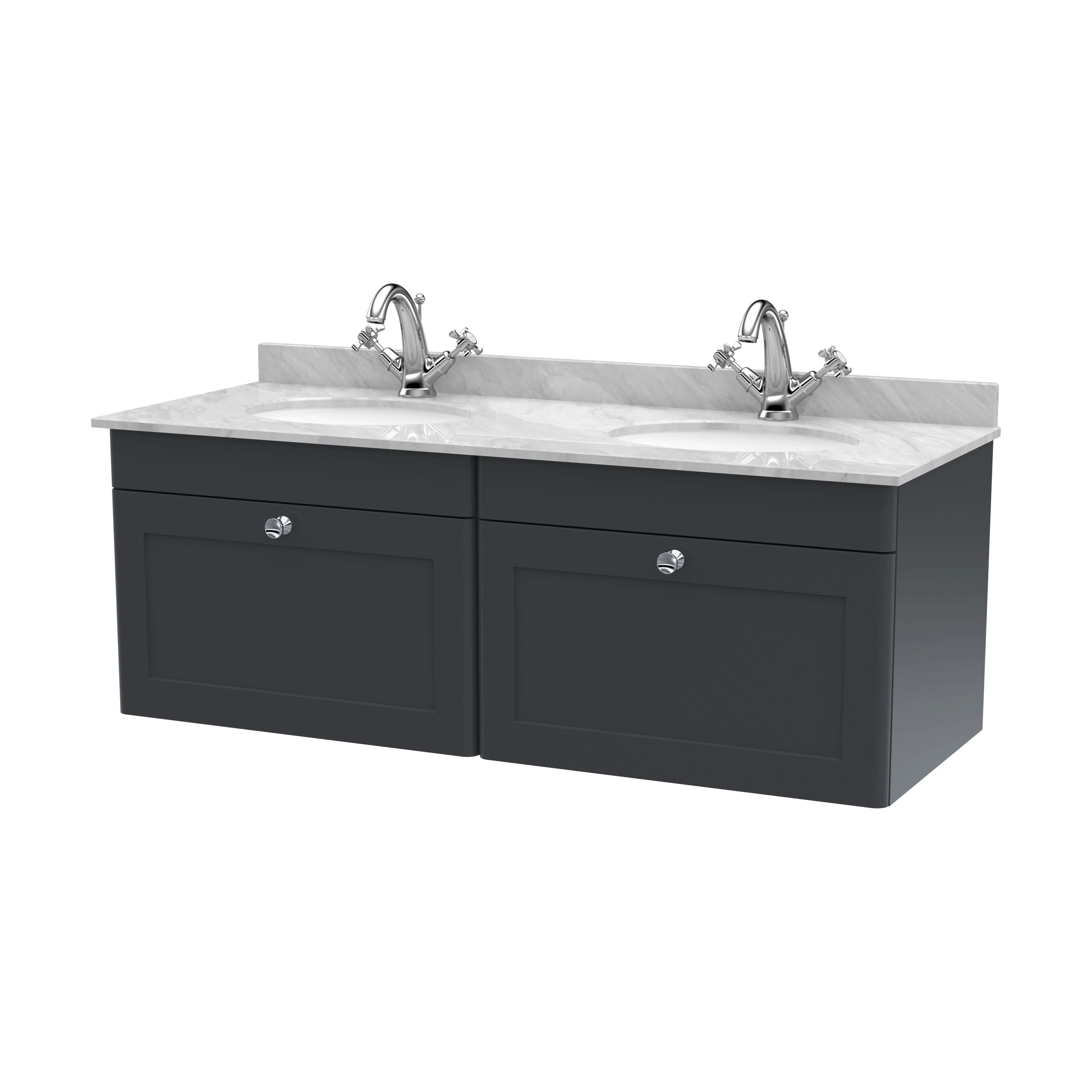 Swynnerton Traditional 2 Drawer Wall Hung Vanity Unit with Double Marble Basin, Dark Grey, 1200mm
