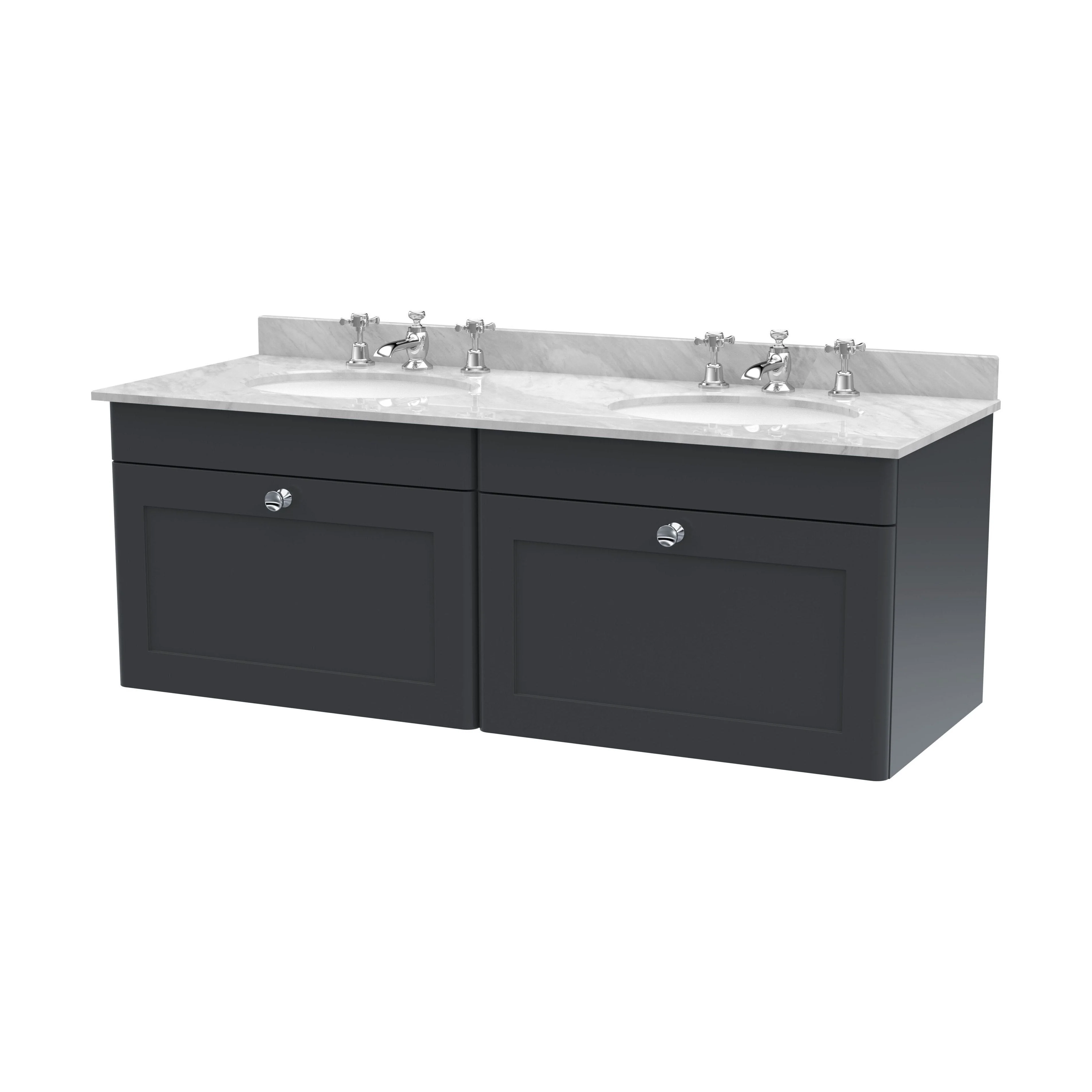 Swynnerton Traditional 2 Drawer Wall Hung Vanity Unit with Double Marble Basin, Dark Grey, 1200mm