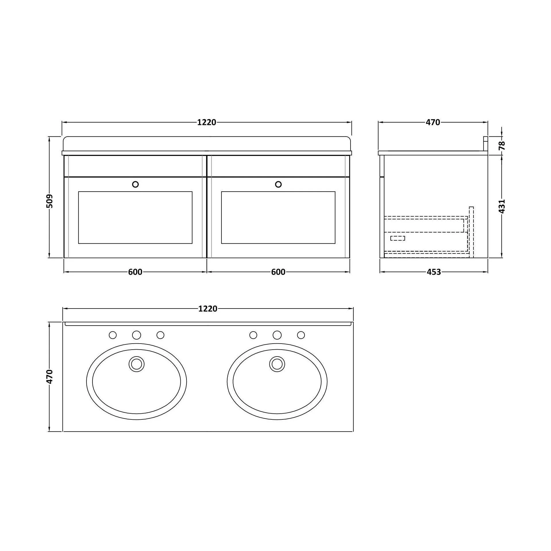 Swynnerton Traditional 2 Drawer Wall Hung Vanity Unit with Double Marble Basin, Dark Grey, 1200mm - Image 2