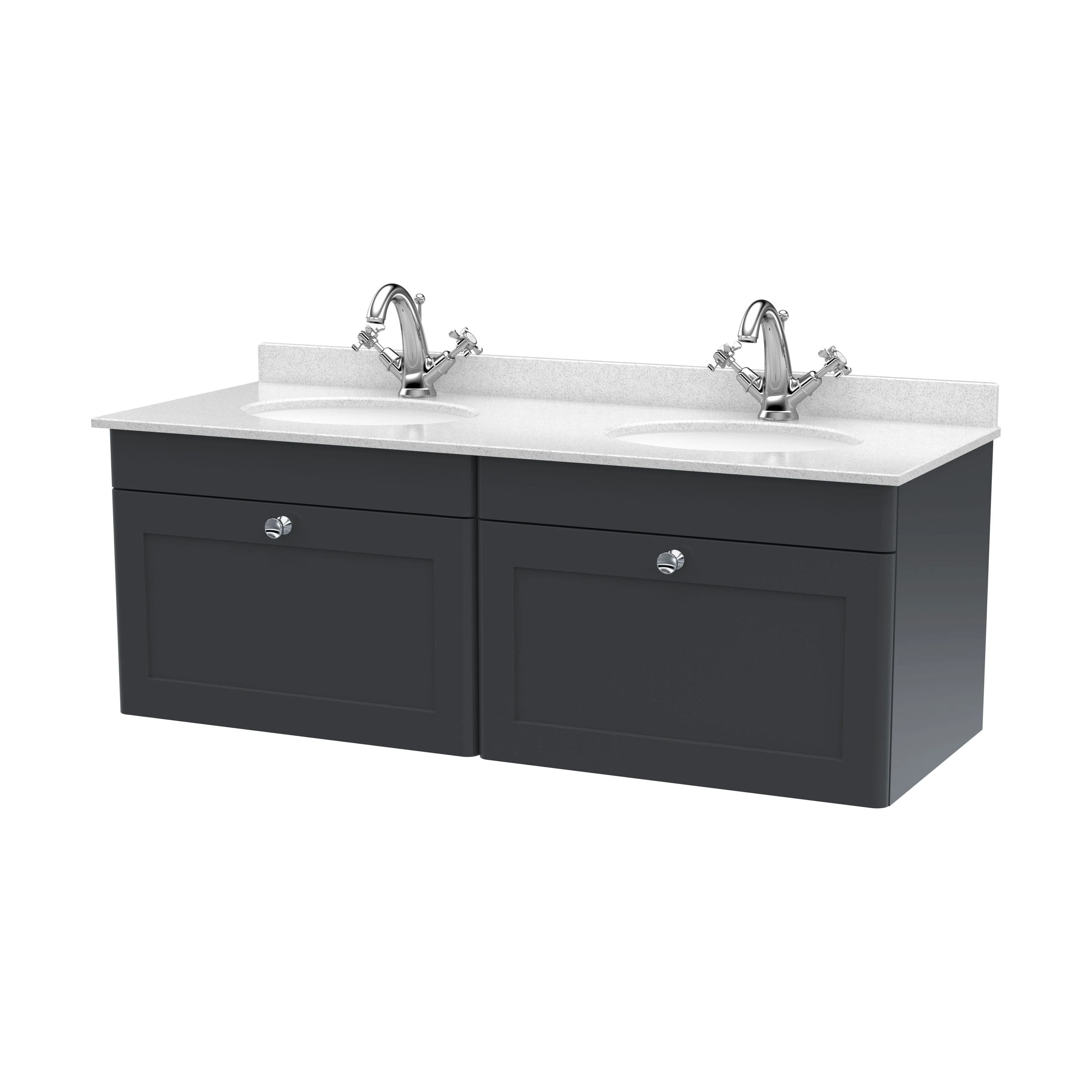 Swynnerton Traditional 2 Drawer Wall Hung Vanity Unit with Double Marble Basin, Dark Grey, 1200mm
