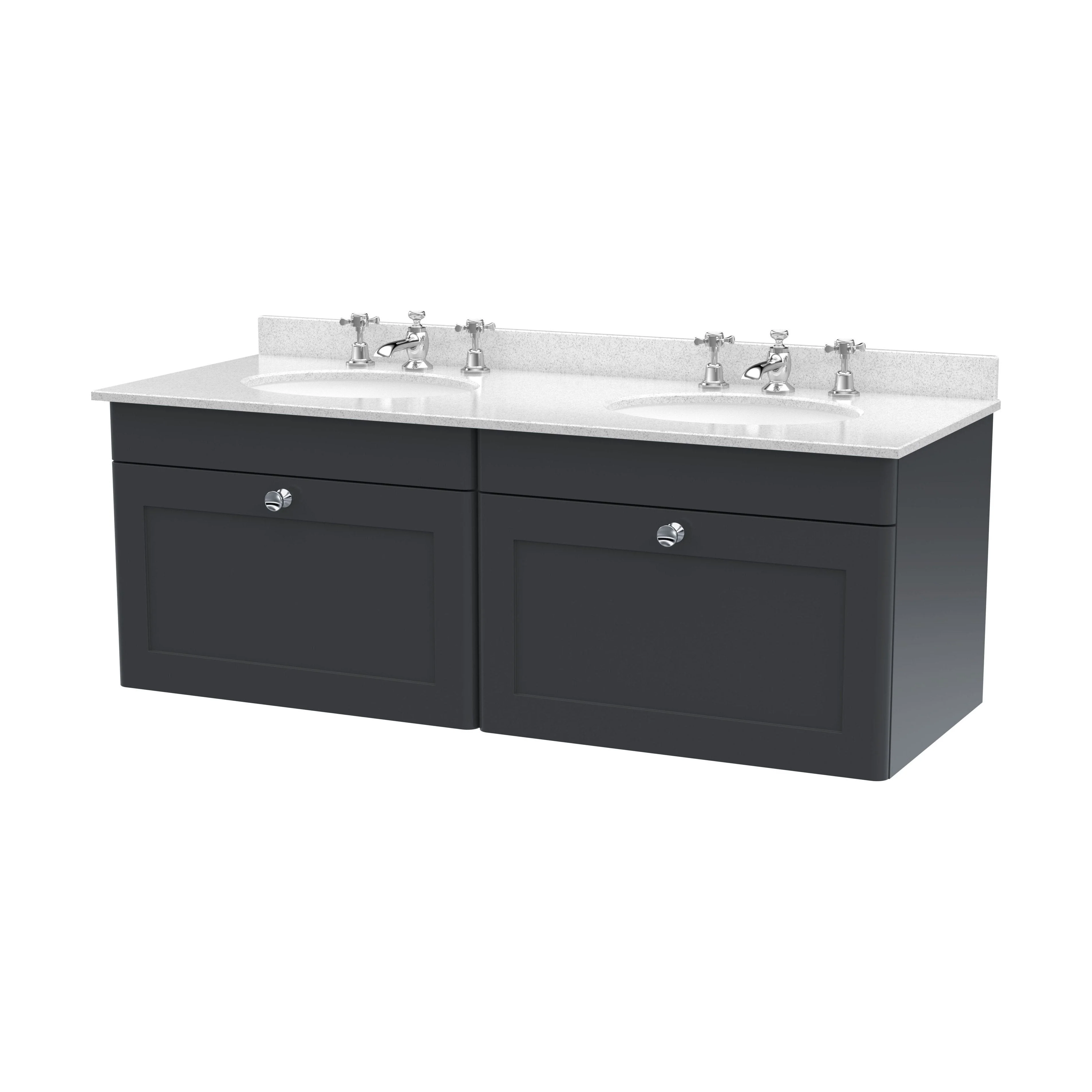 Swynnerton Traditional 2 Drawer Wall Hung Vanity Unit with Double Marble Basin, Dark Grey, 1200mm