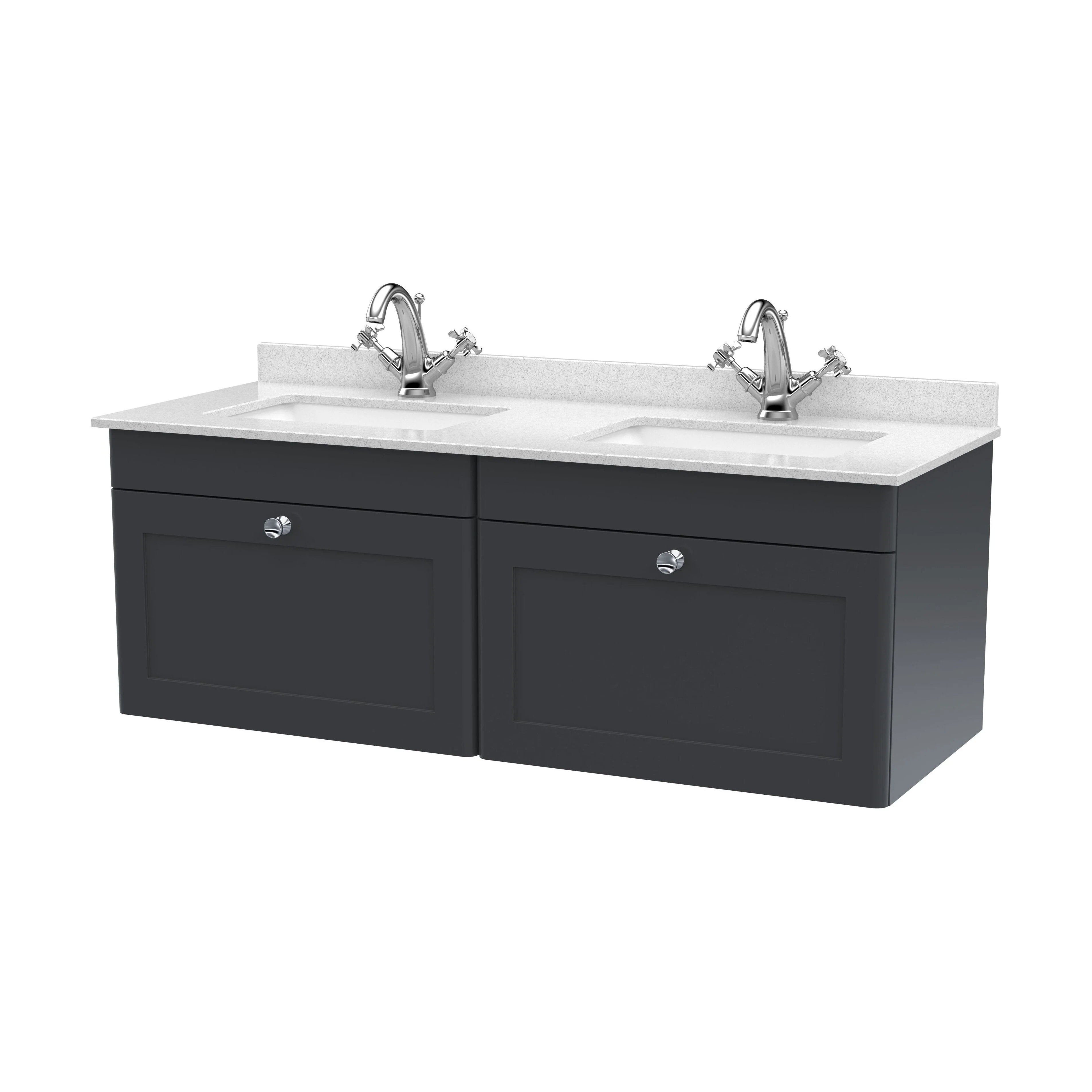 Swynnerton Traditional 2 Drawer Wall Hung Vanity Unit with Double Marble Basin, Dark Grey, 1200mm
