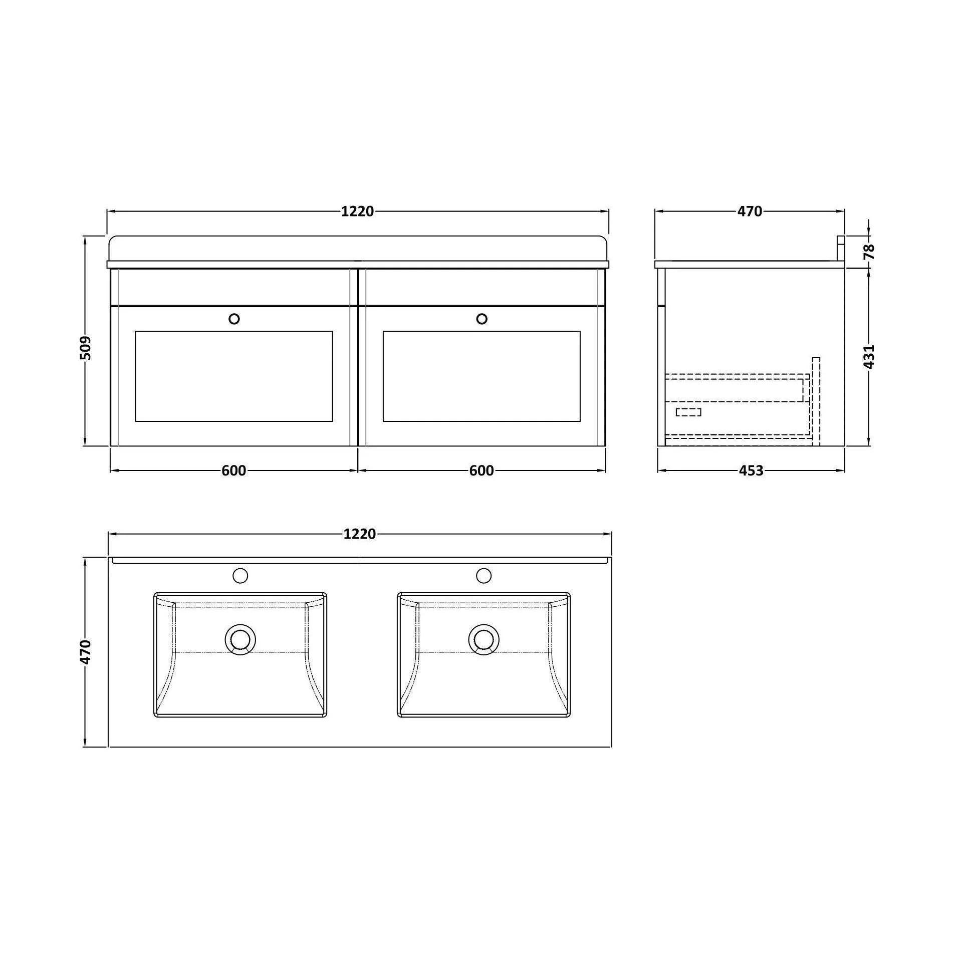 Swynnerton Traditional 2 Drawer Wall Hung Vanity Unit with Double Marble Basin, Dark Grey, 1200mm - Image 2