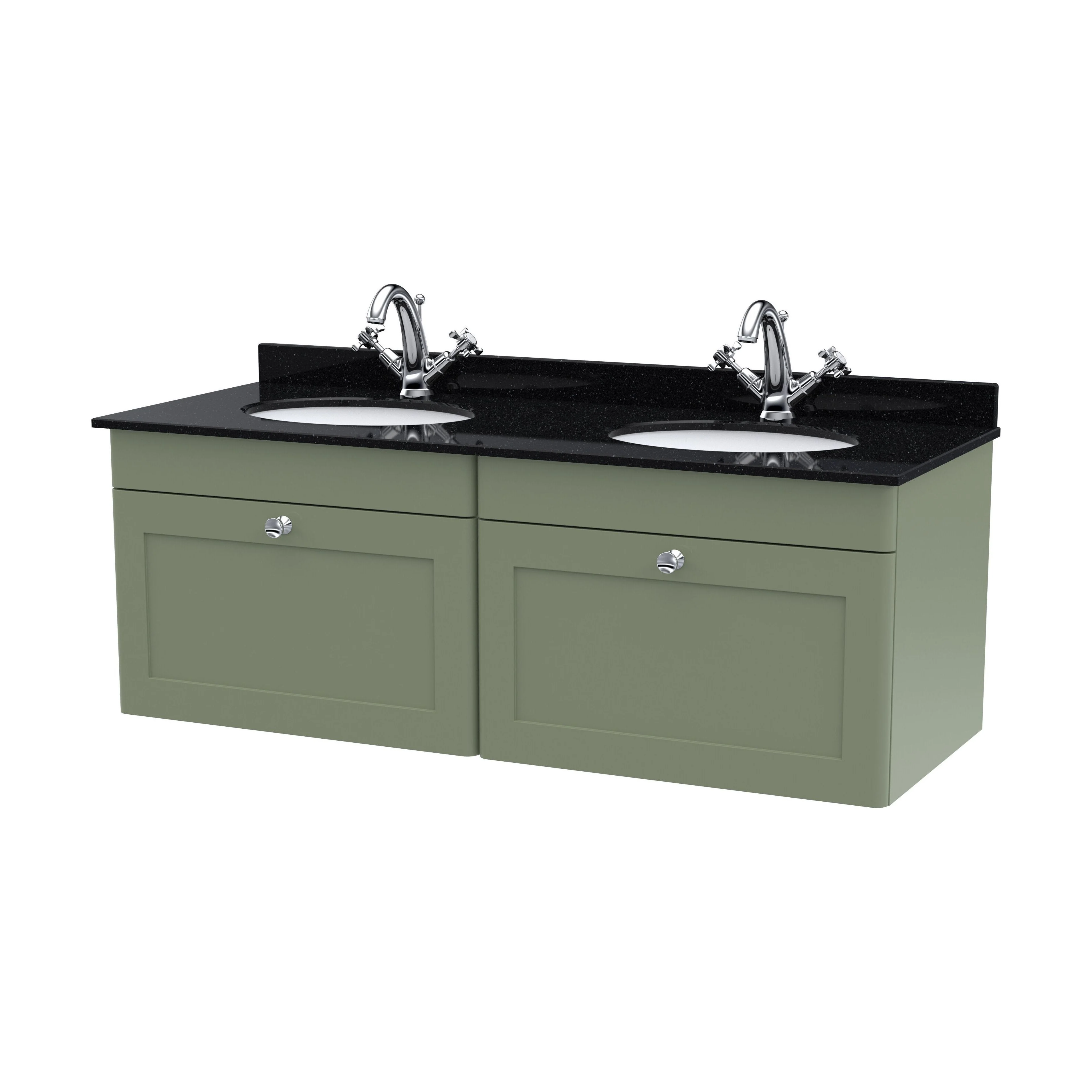 Swynnerton Traditional 2 Drawer Wall Hung Vanity Unit with Double Marble Basin, Satin Green, 1200mm