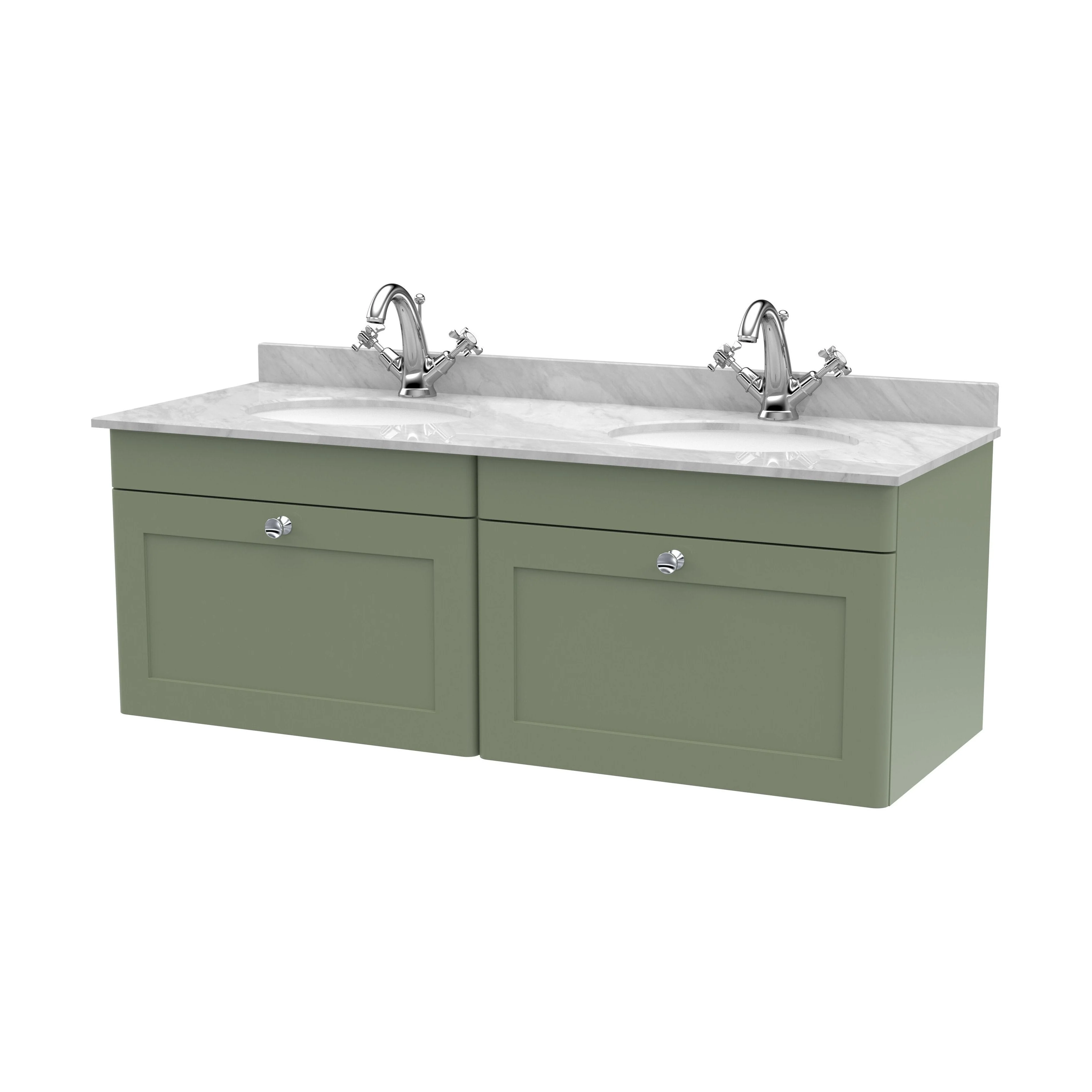 Swynnerton Traditional 2 Drawer Wall Hung Vanity Unit with Double Marble Basin, Satin Green, 1200mm
