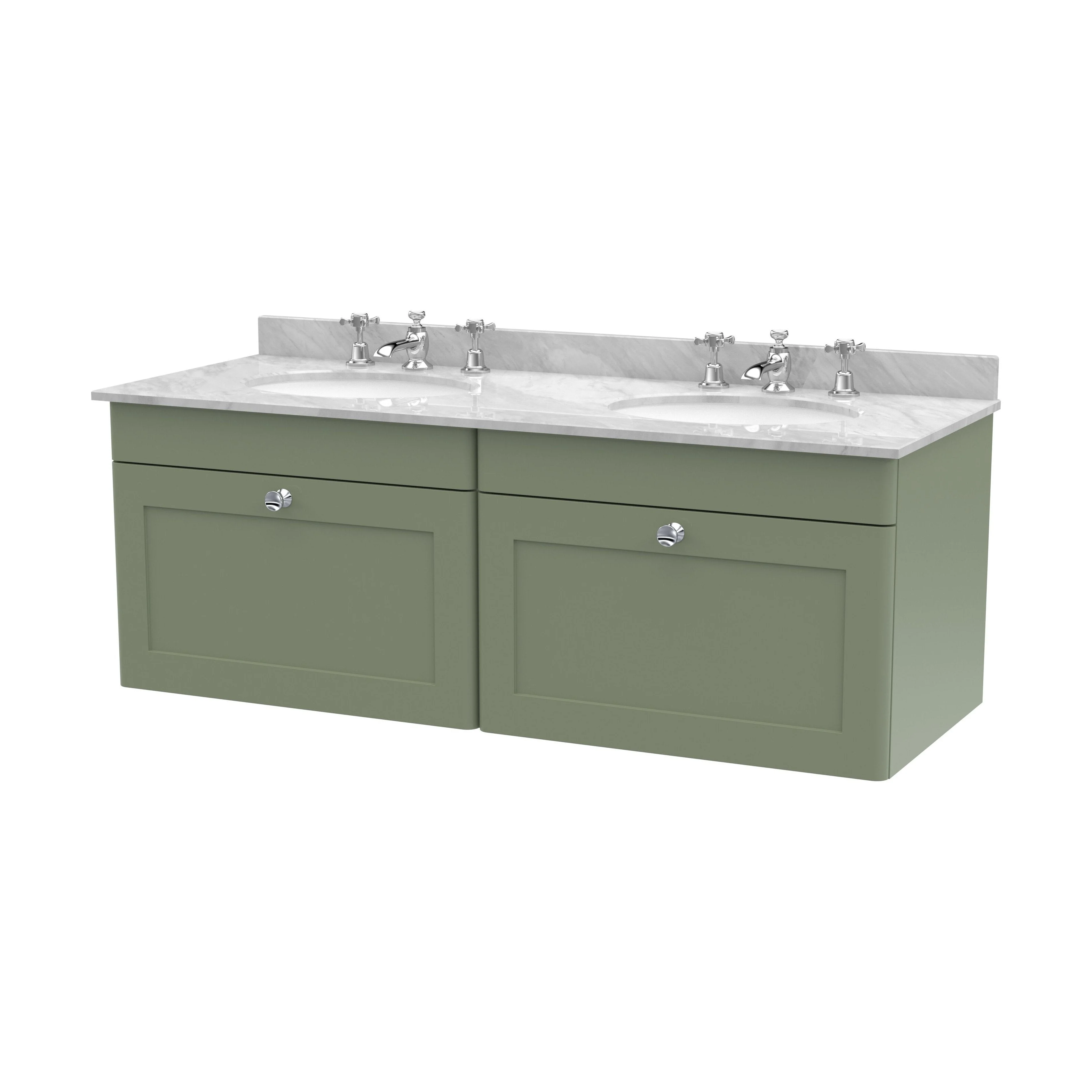 Swynnerton Traditional 2 Drawer Wall Hung Vanity Unit with Double Marble Basin, Satin Green, 1200mm
