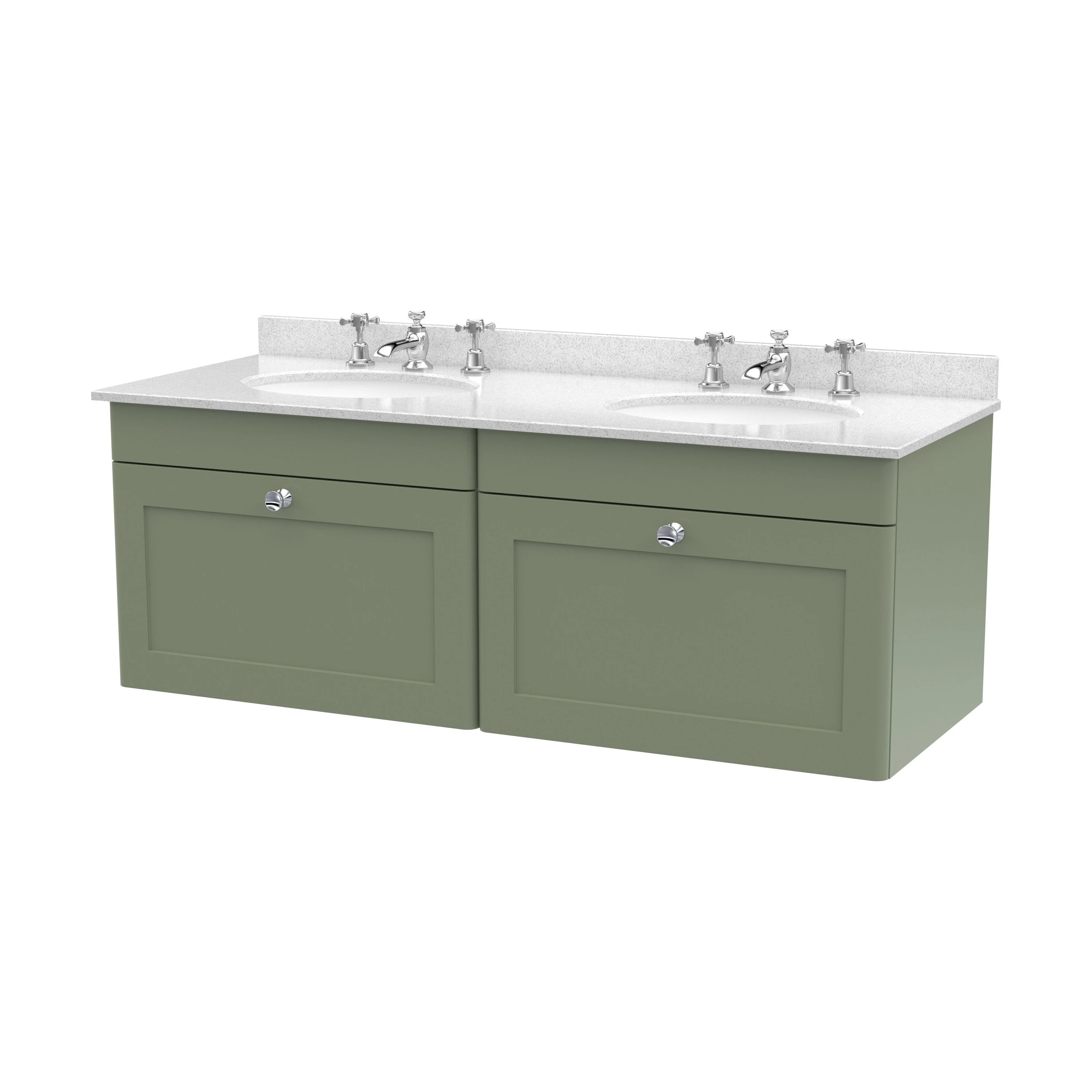 Swynnerton Traditional 2 Drawer Wall Hung Vanity Unit with Double Marble Basin, Satin Green, 1200mm