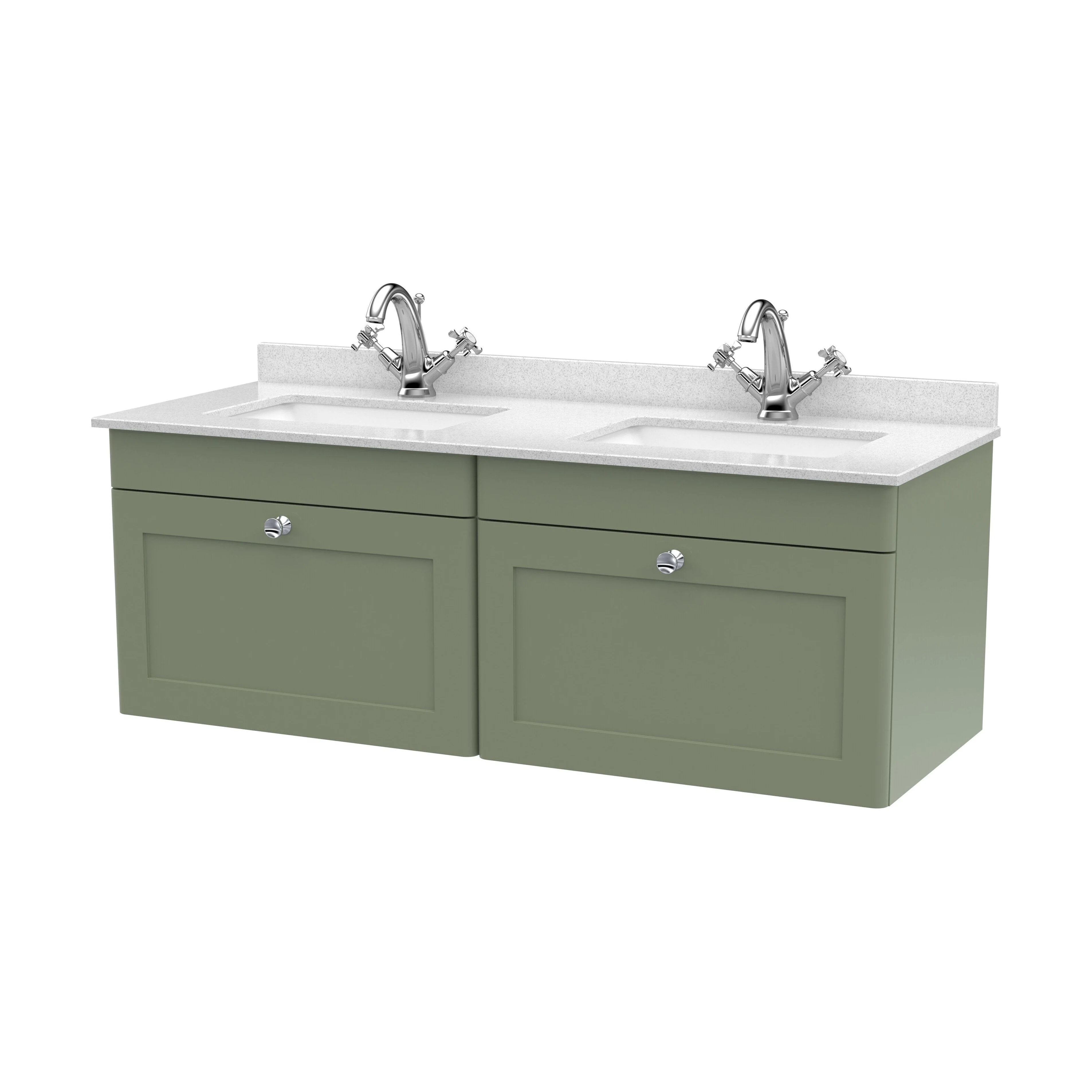 Swynnerton Traditional 2 Drawer Wall Hung Vanity Unit with Double Marble Basin, Satin Green, 1200mm
