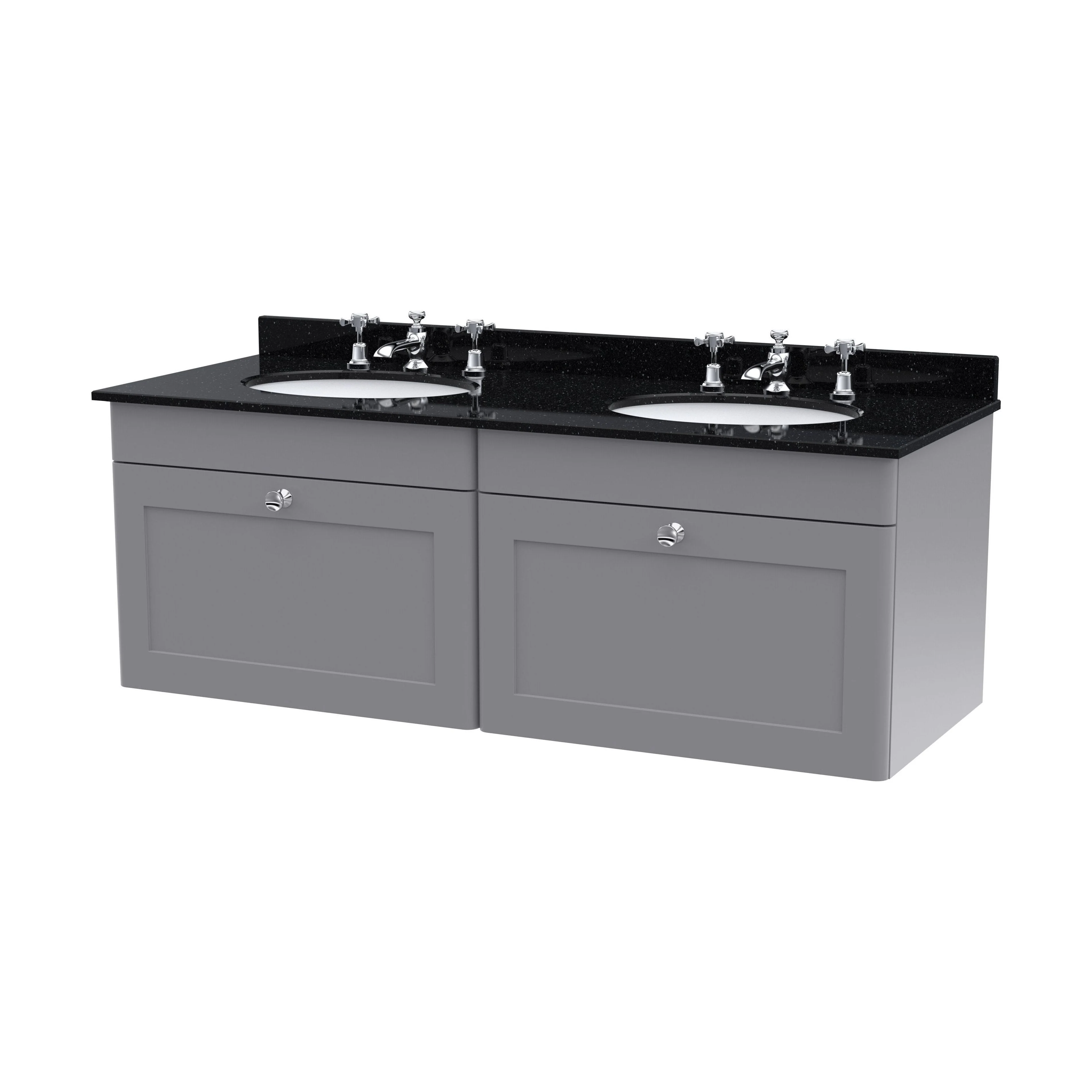 Swynnerton Traditional 2 Drawer Wall Hung Vanity Unit with Double Marble Basin, Satin Grey, 1200mm