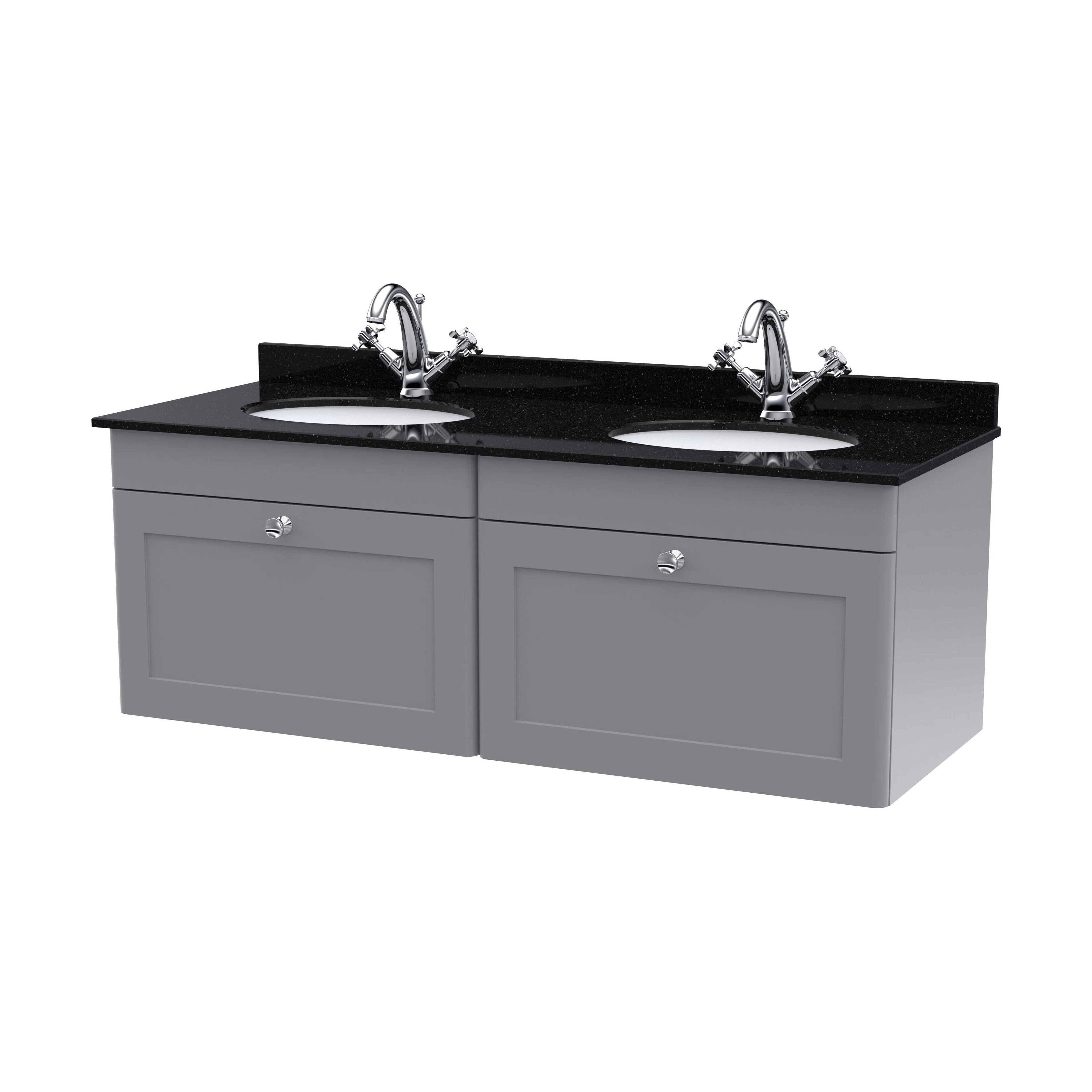 Swynnerton Traditional 2 Drawer Wall Hung Vanity Unit with Double Marble Basin, Satin Grey, 1200mm