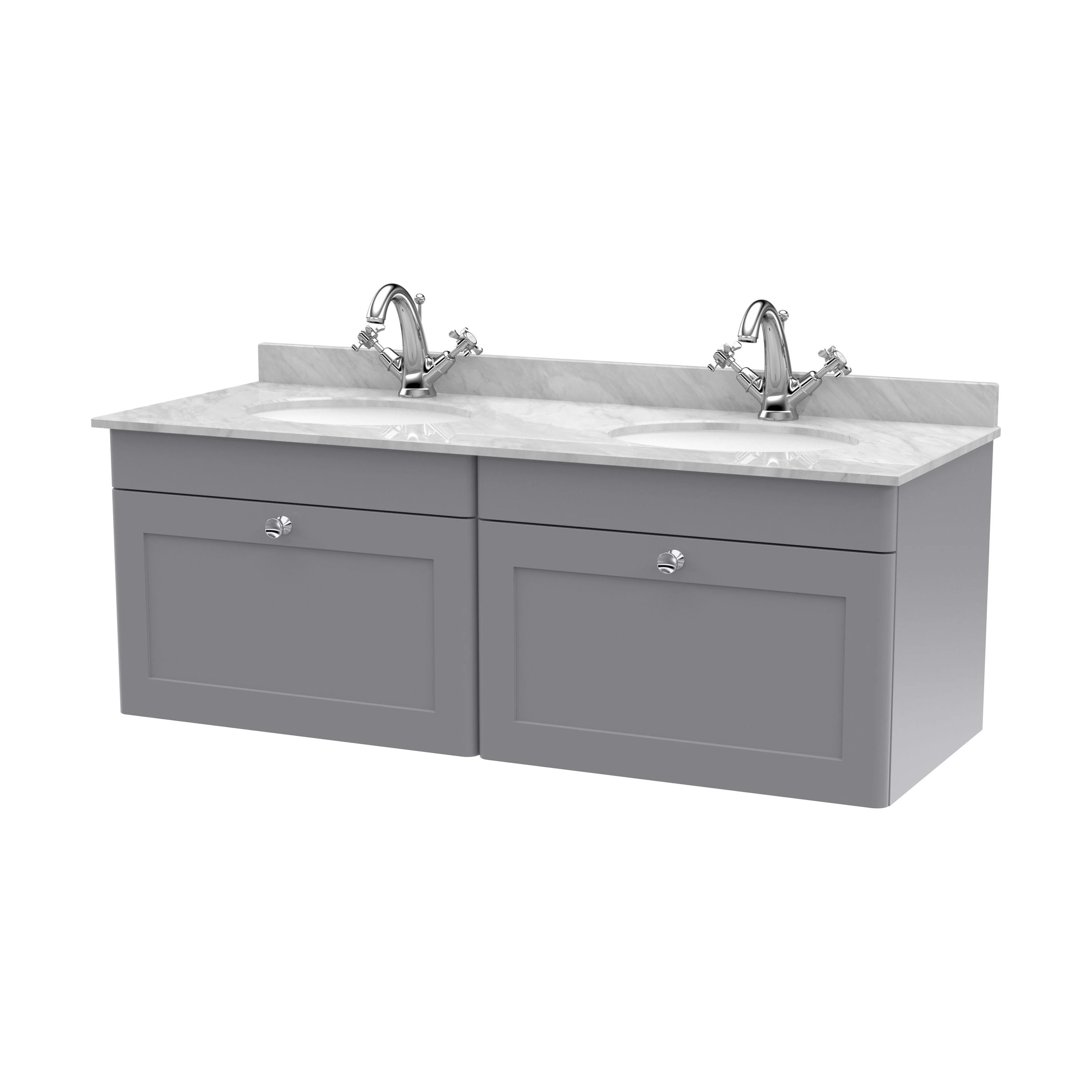 Swynnerton Traditional 2 Drawer Wall Hung Vanity Unit with Double Marble Basin, Satin Grey, 1200mm
