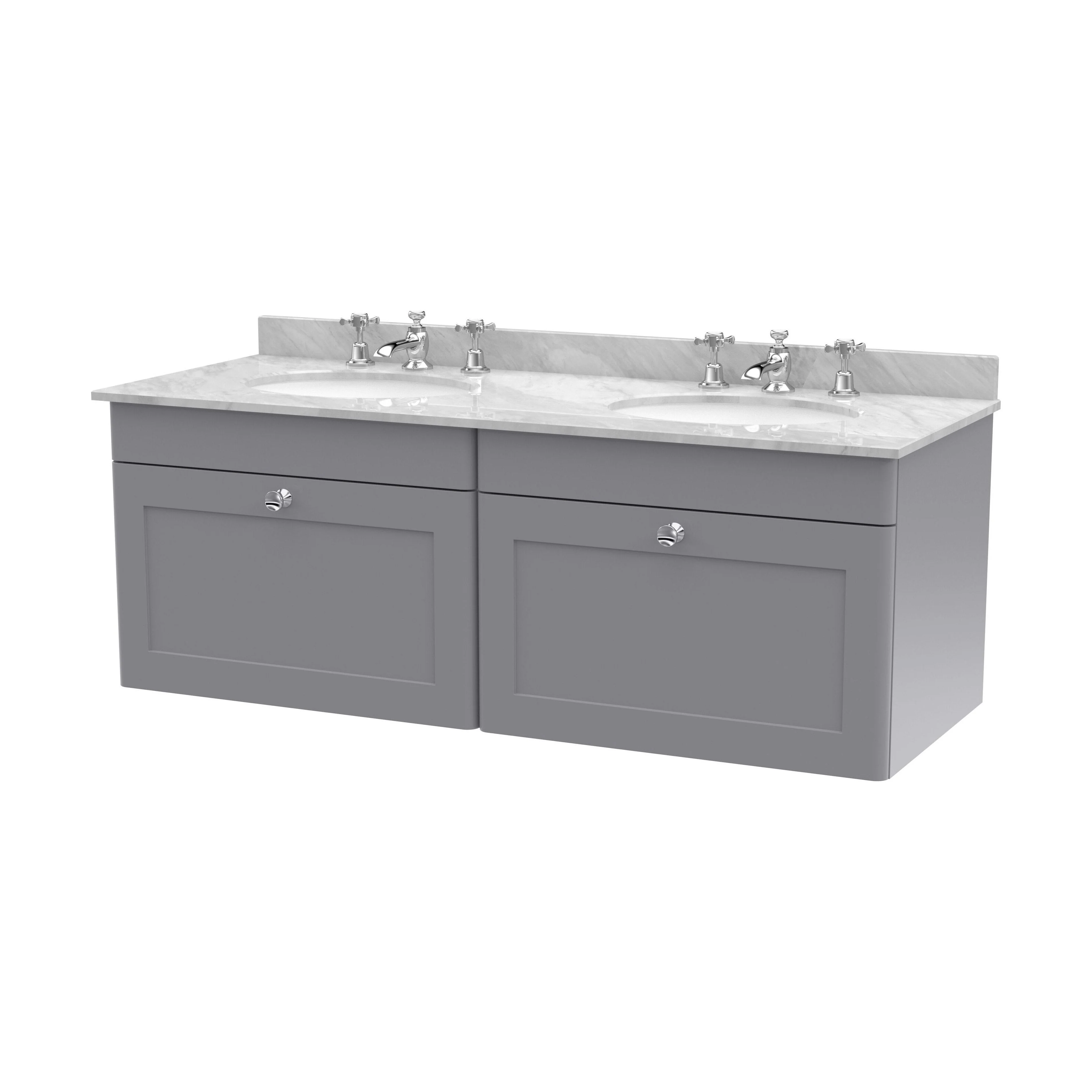 Swynnerton Traditional 2 Drawer Wall Hung Vanity Unit with Double Marble Basin, Satin Grey, 1200mm
