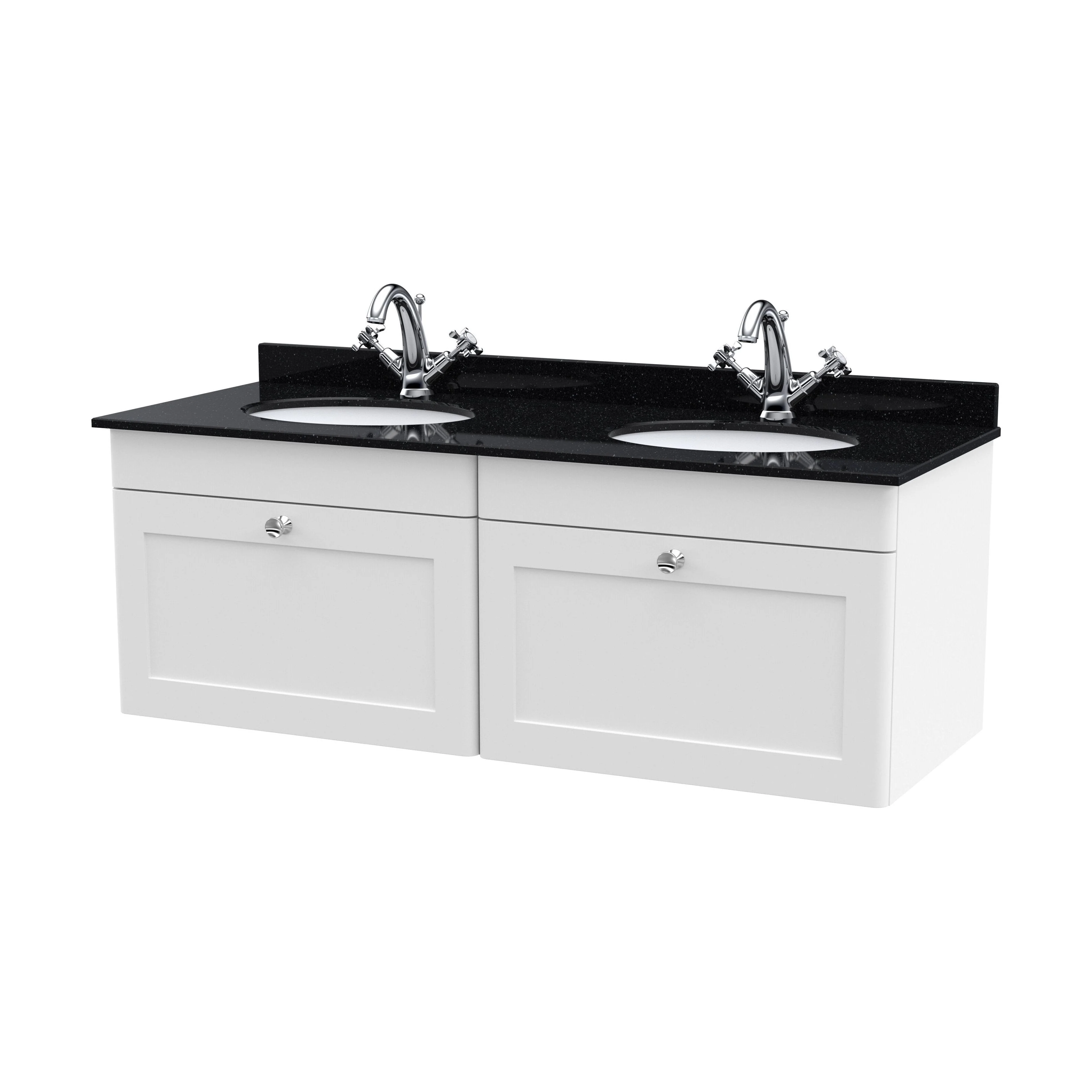 Swynnerton Traditional 2 Drawer Wall Hung Vanity Unit with Double Marble Basin, Satin White, 1200mm