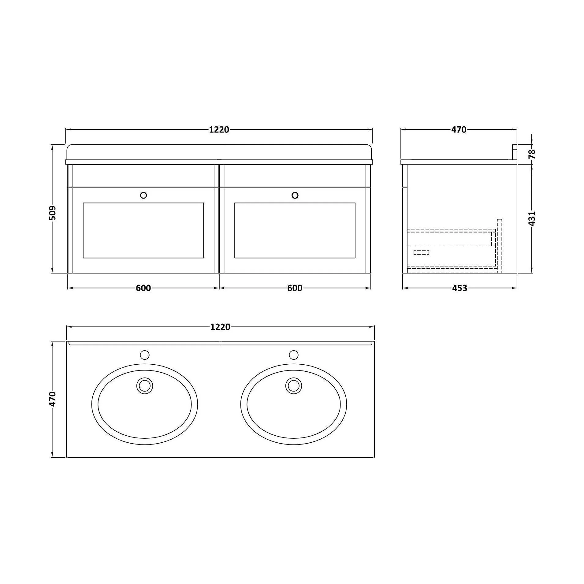 Swynnerton Traditional 2 Drawer Wall Hung Vanity Unit with Double Marble Basin, Satin White, 1200mm - Image 2