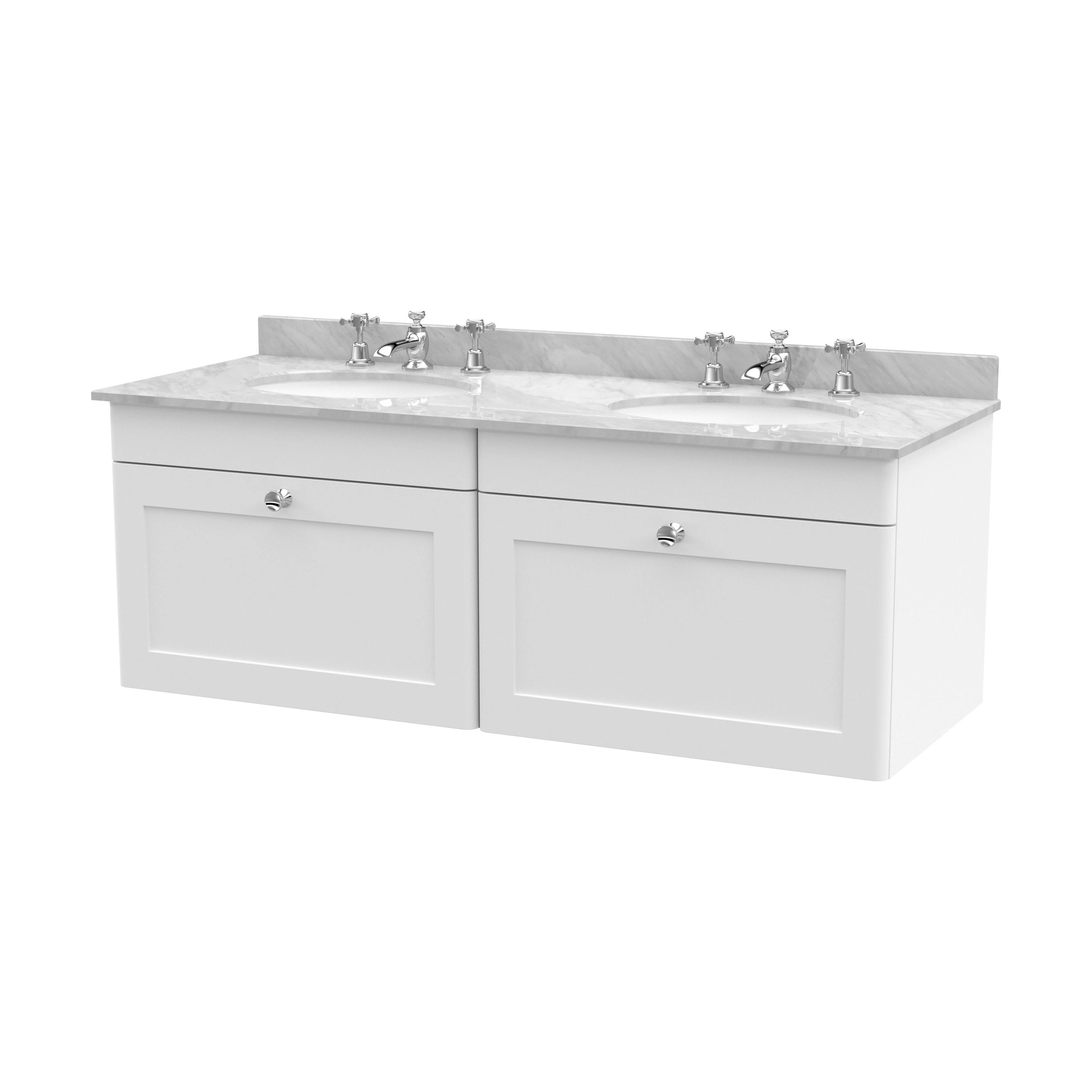 Swynnerton Traditional 2 Drawer Wall Hung Vanity Unit with Double Marble Basin, Satin White, 1200mm