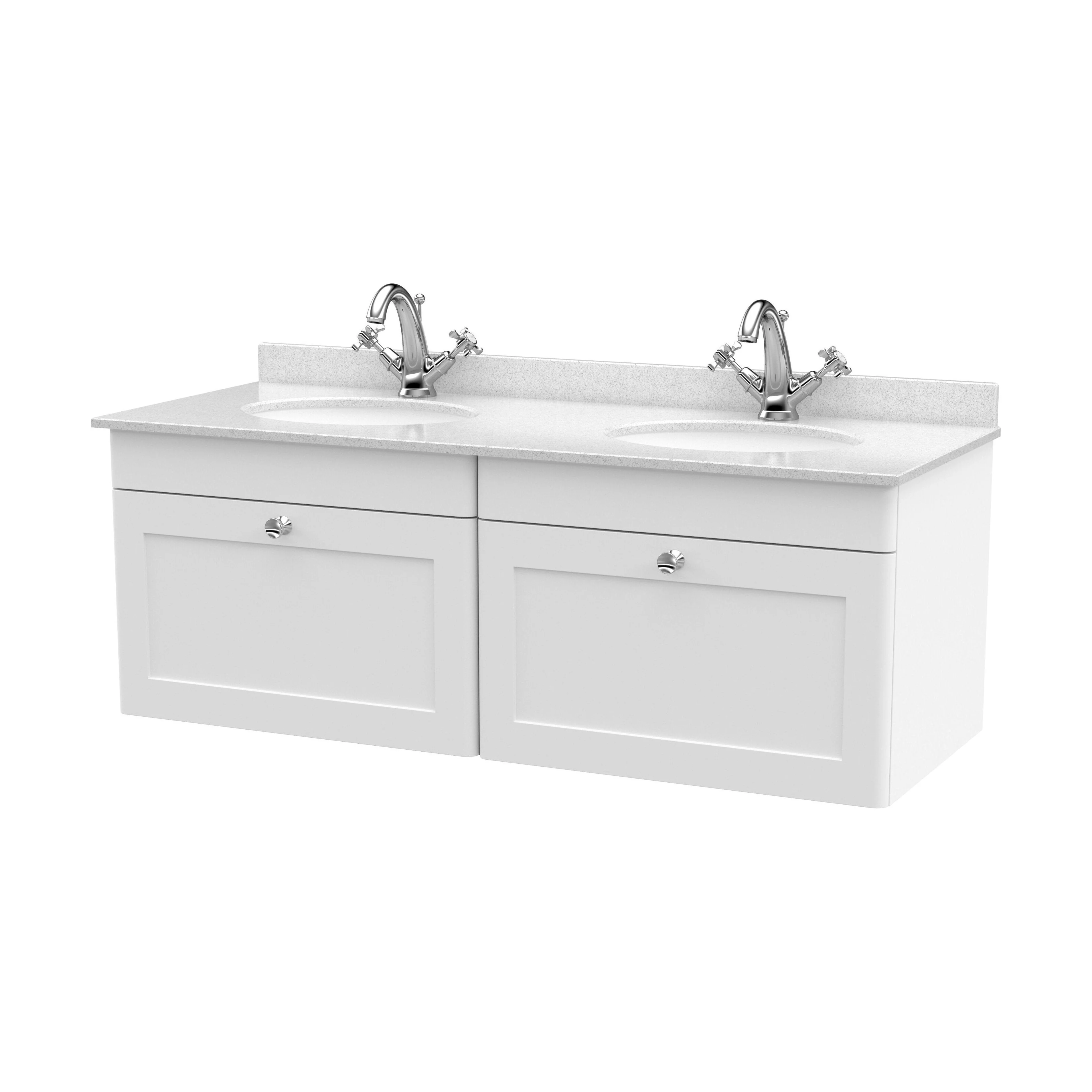 Swynnerton Traditional 2 Drawer Wall Hung Vanity Unit with Double Marble Basin, Satin White, 1200mm