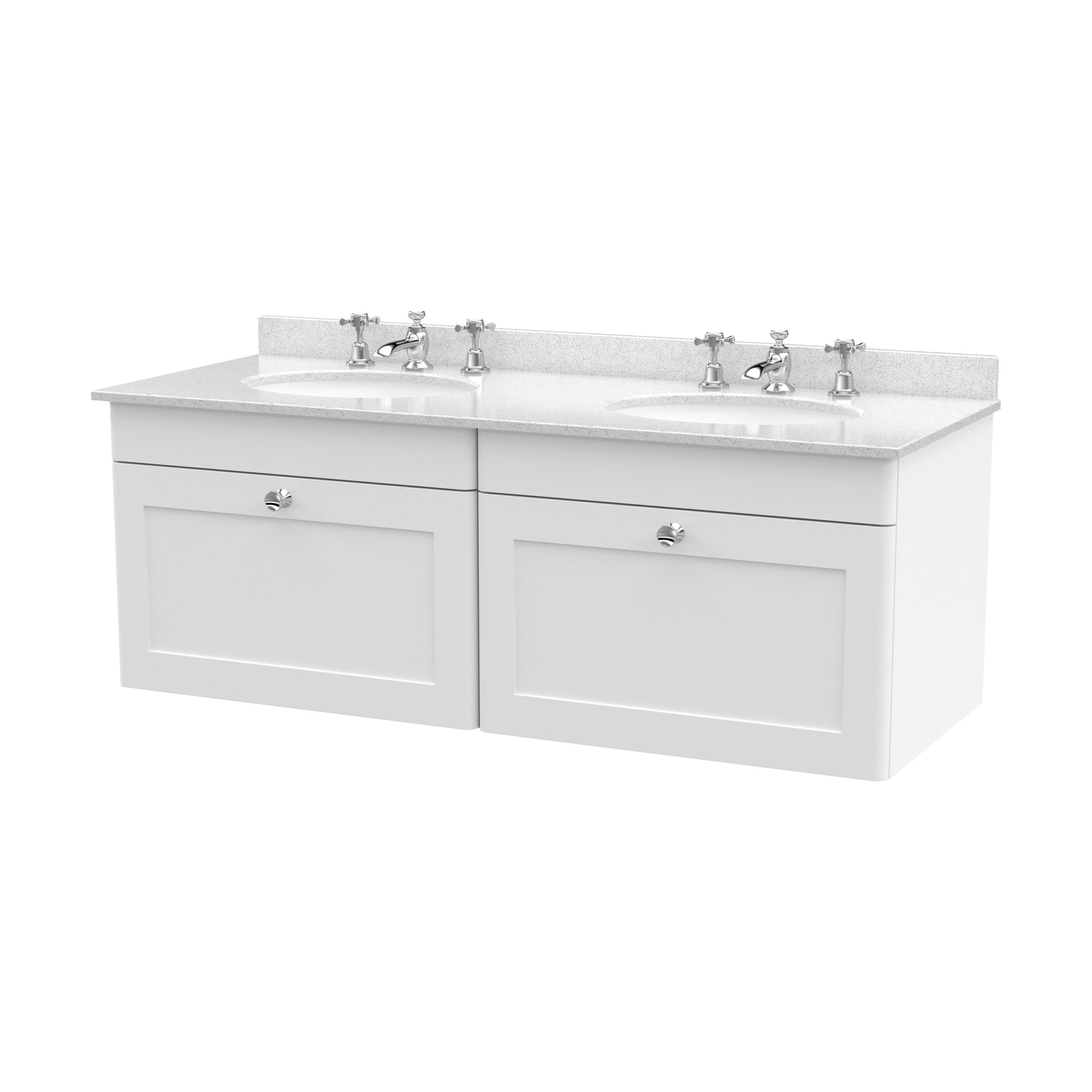 Swynnerton Traditional 2 Drawer Wall Hung Vanity Unit with Double Marble Basin, Satin White, 1200mm