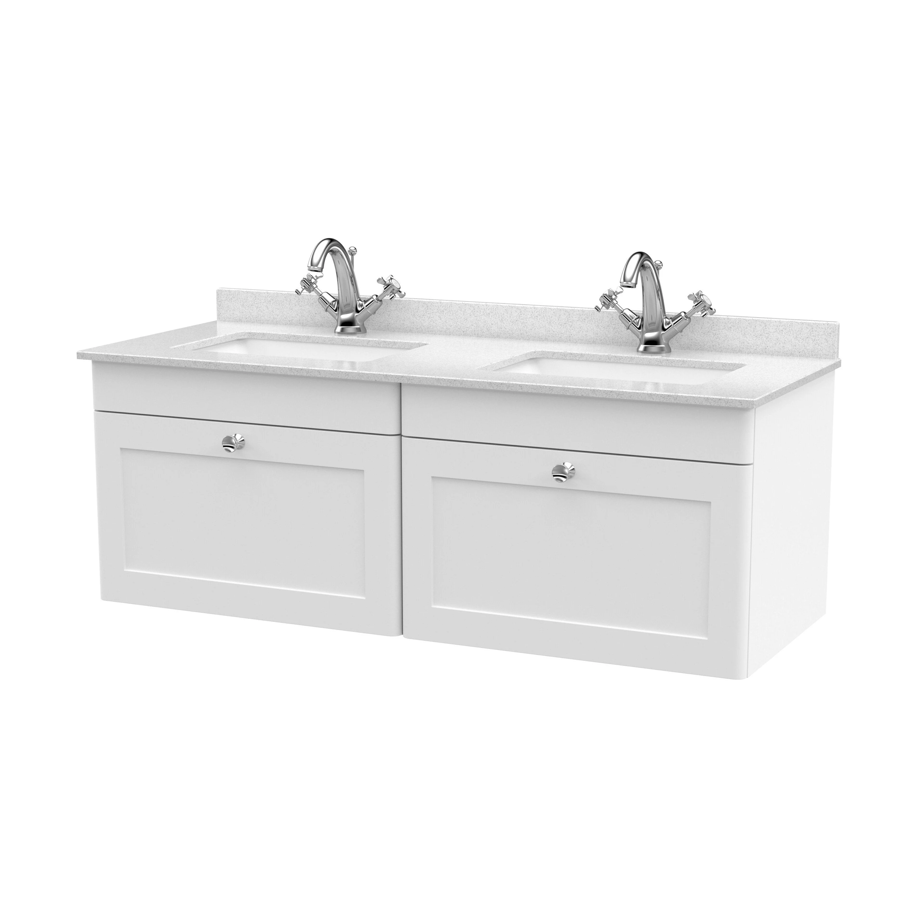 Swynnerton Traditional 2 Drawer Wall Hung Vanity Unit with Double Marble Basin, Satin White, 1200mm