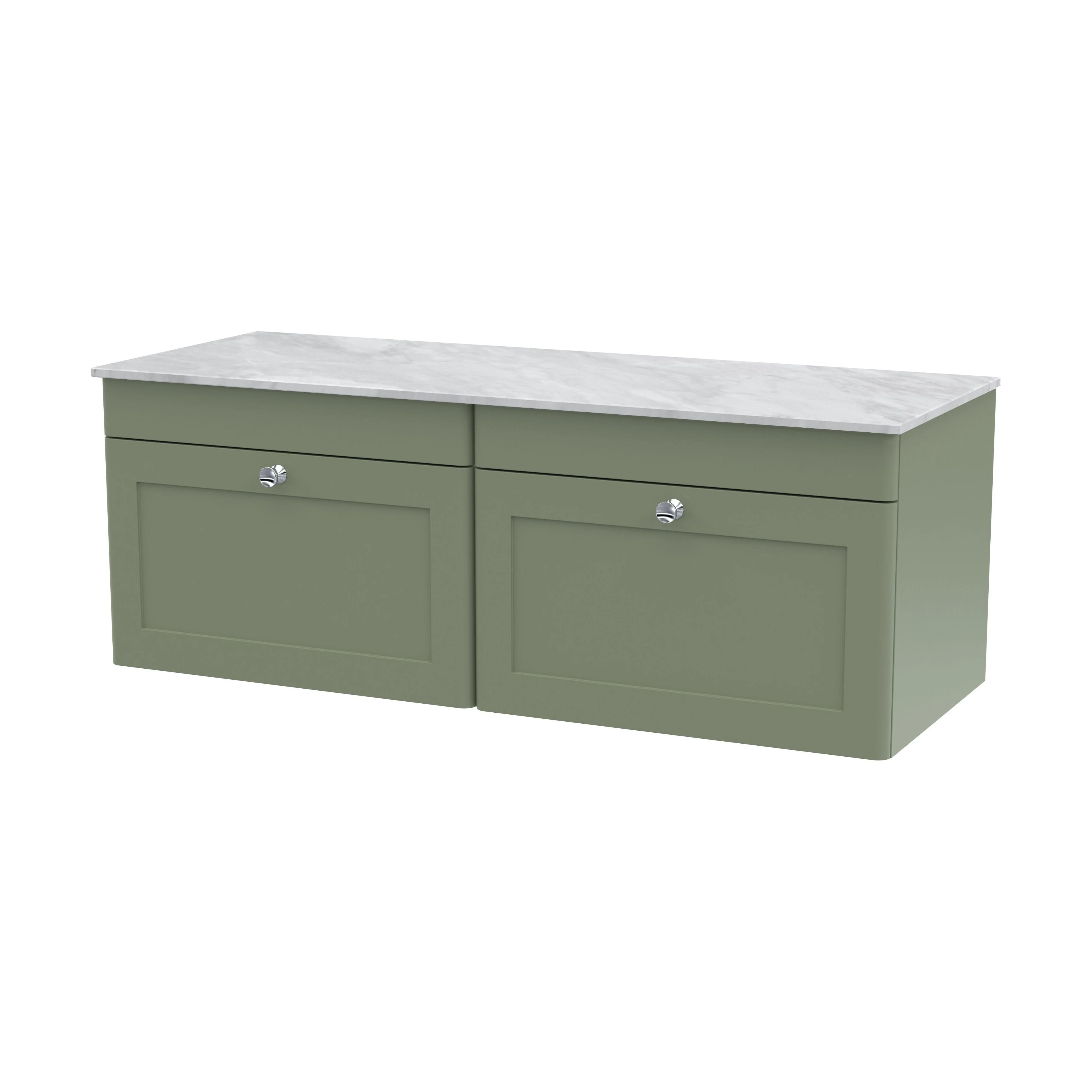 Swynnerton Traditional 2 Drawer Wall Hung Vanity Unit with Marble Top, Satin Green, 1200mm