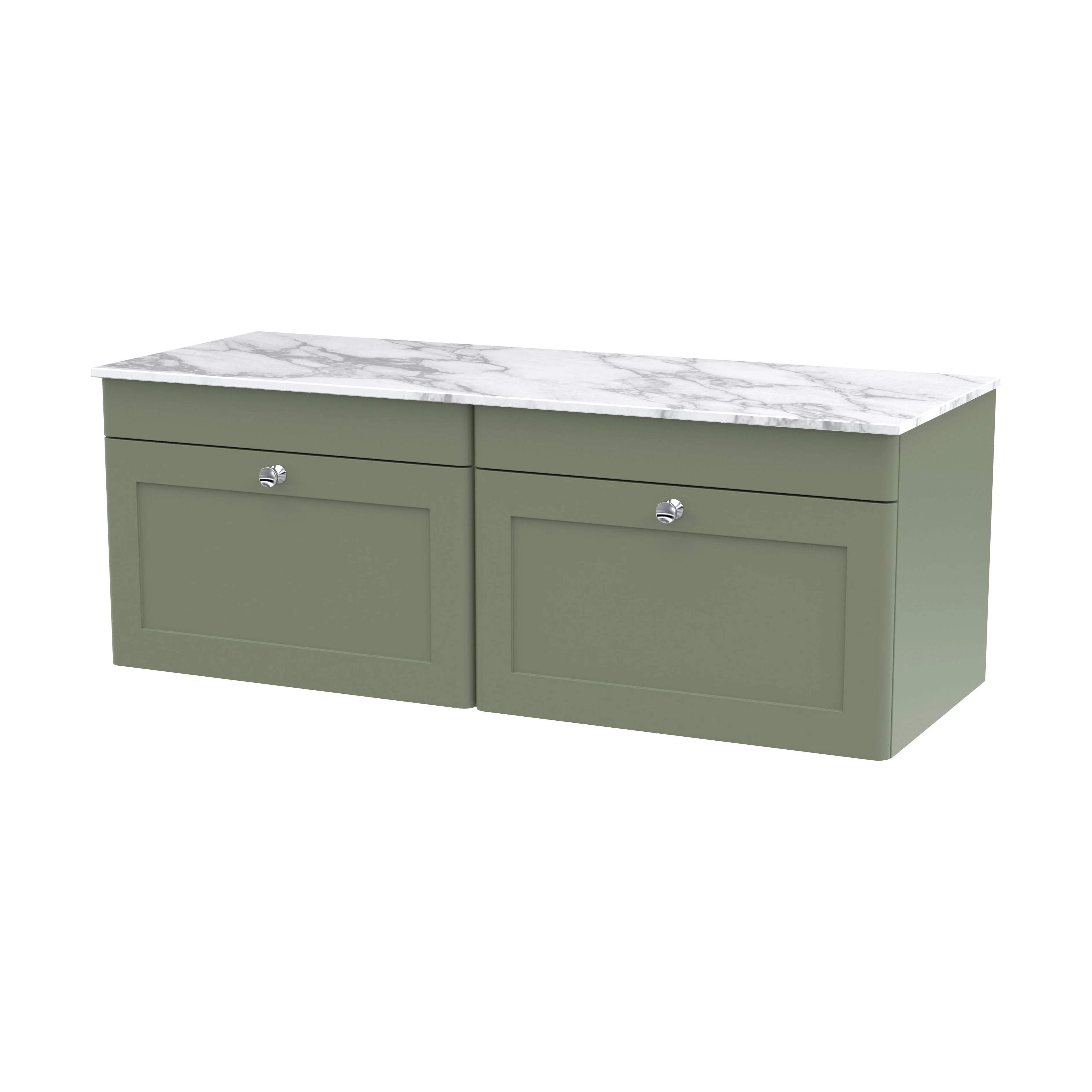 Swynnerton Traditional 2 Drawer Wall Hung Vanity Unit with Marble Top, Satin Green, 1200mm