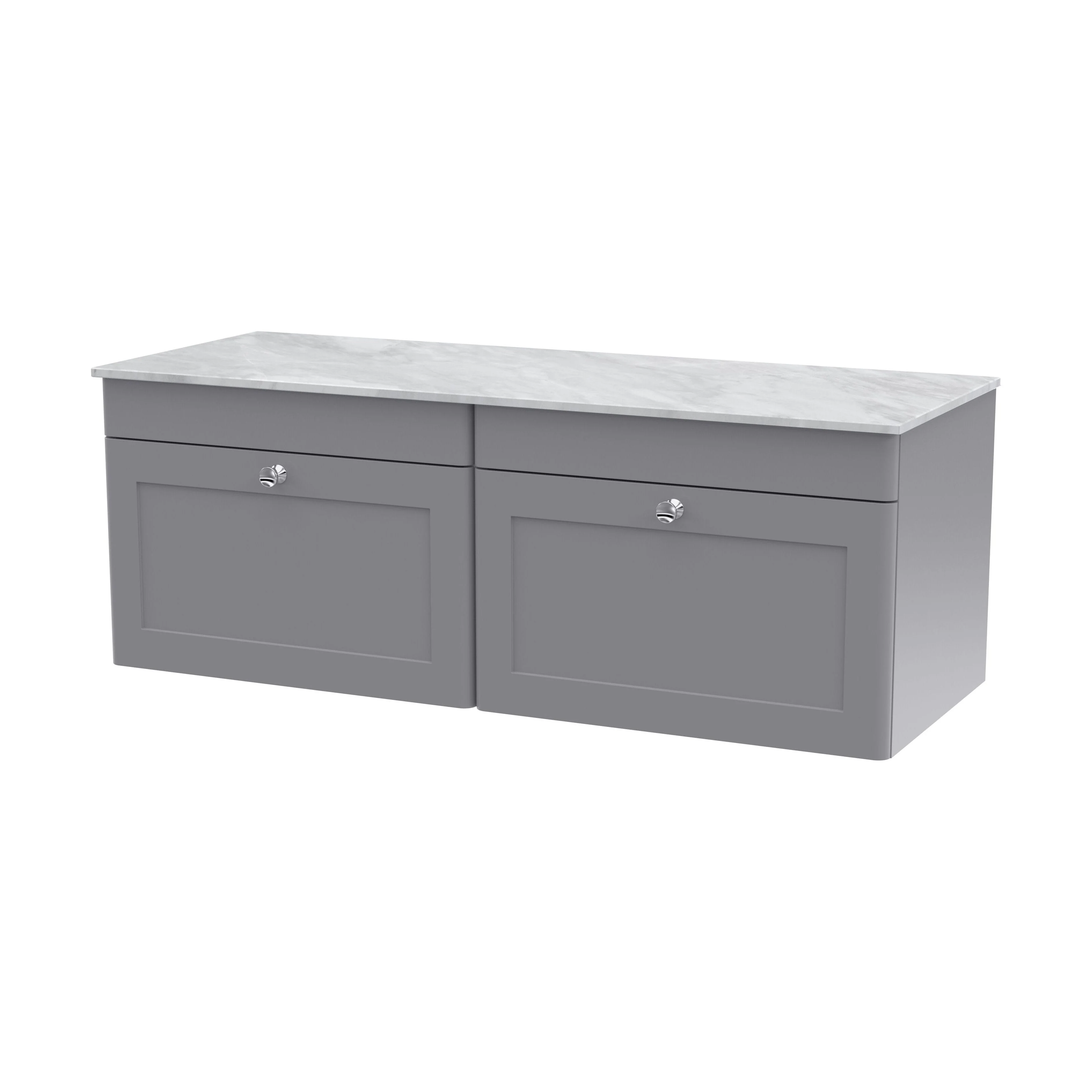 Swynnerton Traditional 2 Drawer Wall Hung Vanity Unit with Marble Top, Satin Grey, 1200mm