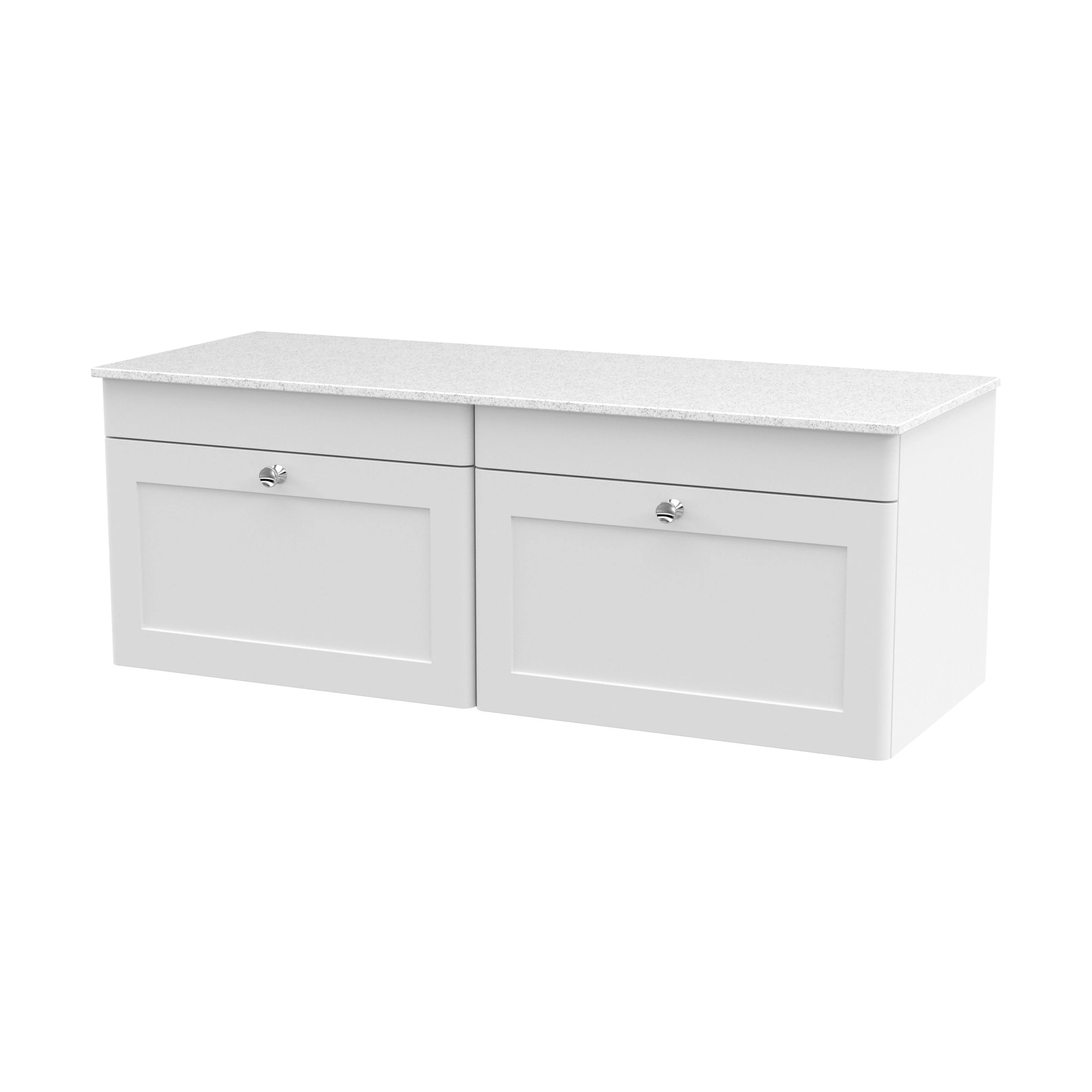 Swynnerton Traditional 2 Drawer Wall Hung Vanity Unit with Marble Top, Satin White, 1200mm