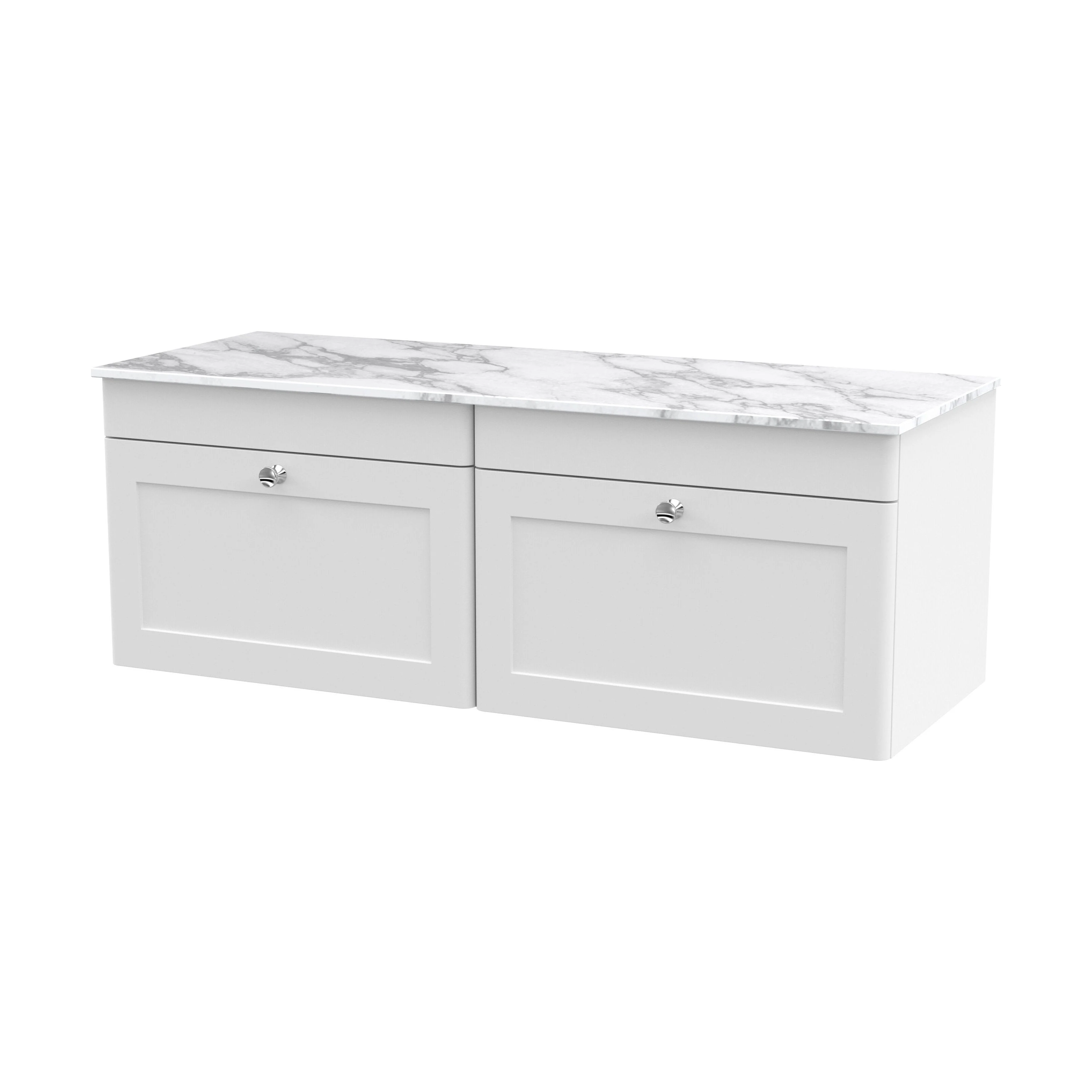 Swynnerton Traditional 2 Drawer Wall Hung Vanity Unit with Marble Top, Satin White, 1200mm
