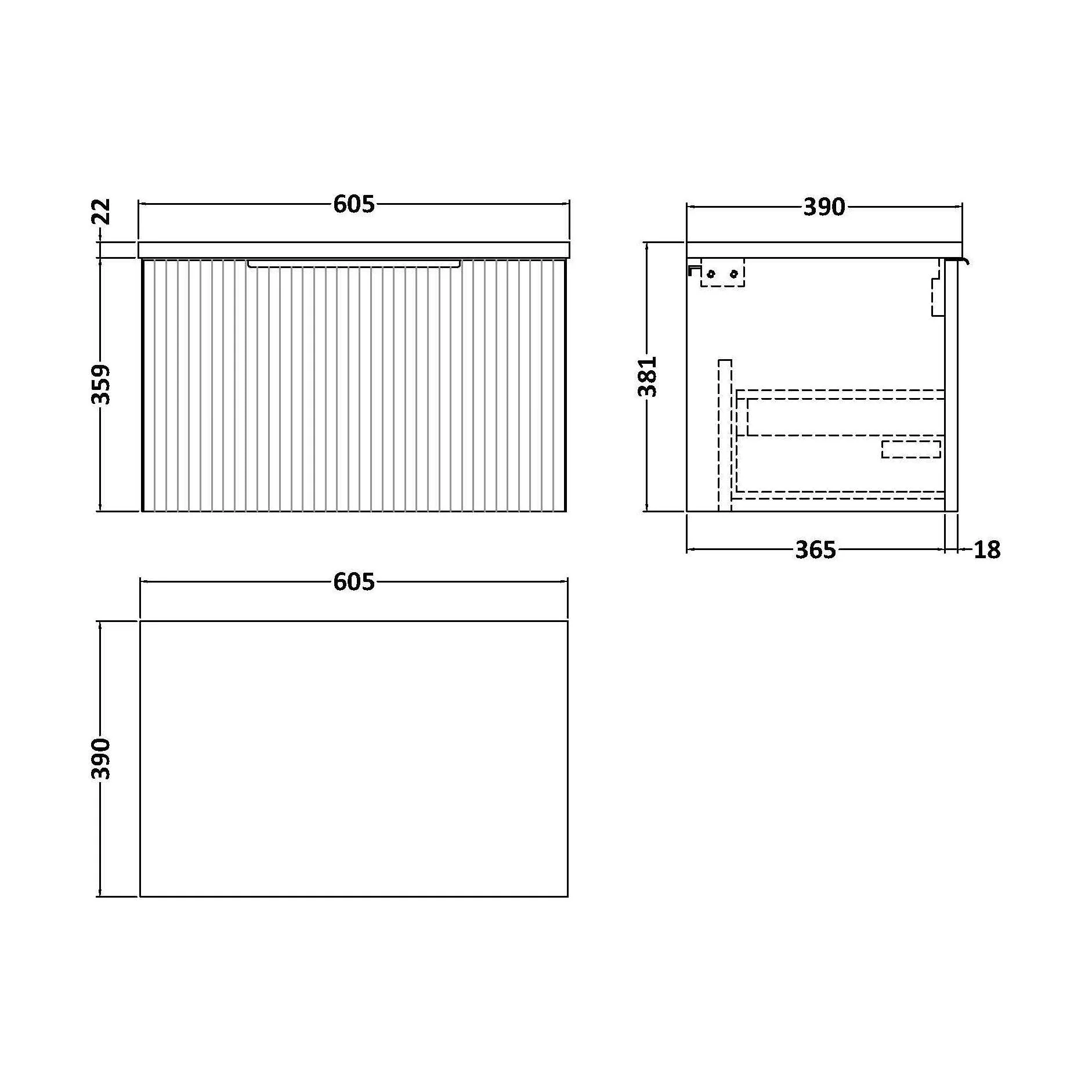 Tixall Fluted 1 Drawer Wall Hung Vanity Unit with Laminate Worktop, Dark Grey, 600mm - Image 2