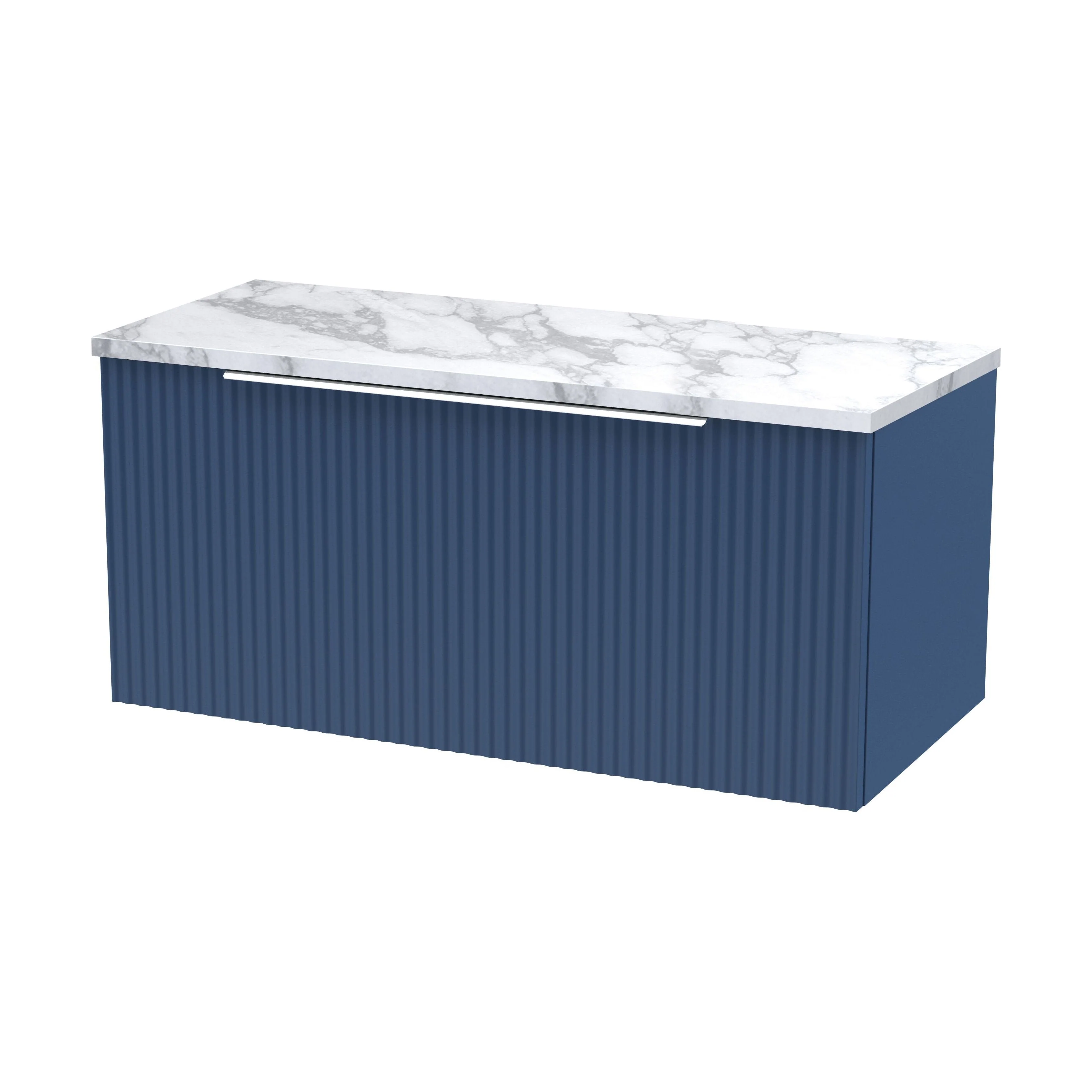 Tixall Fluted 1 Drawer Wall Hung Vanity Unit with Laminate Worktop, Satin Blue, 800mm