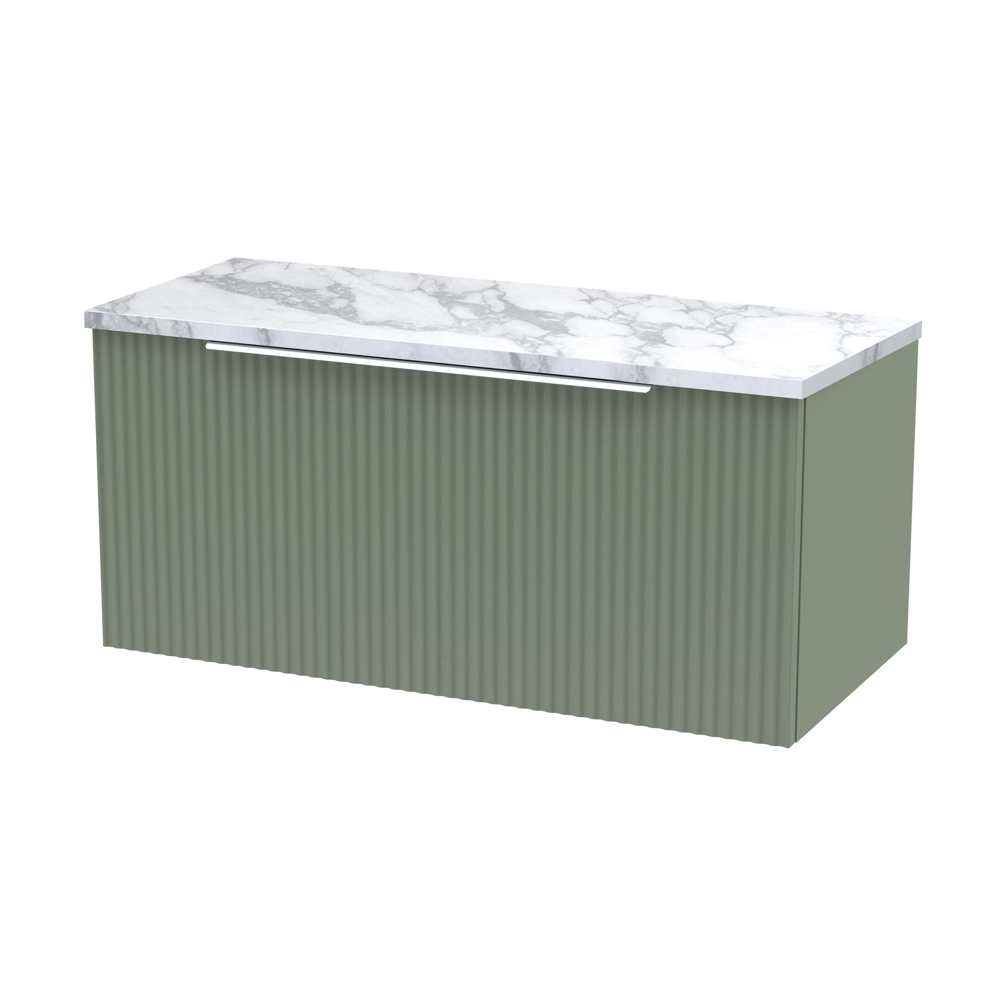 Tixall Fluted 1 Drawer Wall Hung Vanity Unit with Laminate Worktop, Satin Green, 800mm