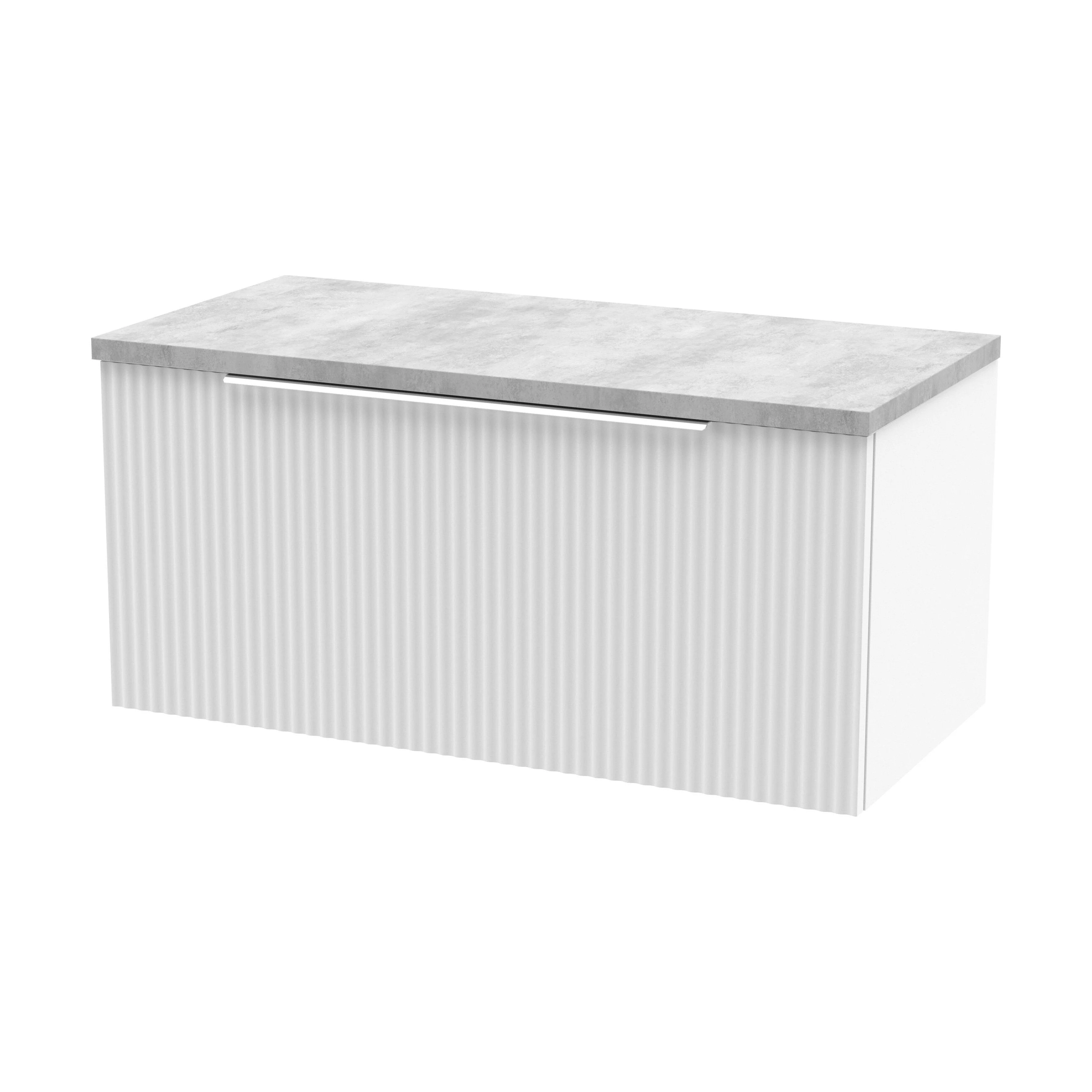 Tixall Fluted 1 Drawer Wall Hung Vanity Unit with Laminate Worktop, Satin White, 800mm