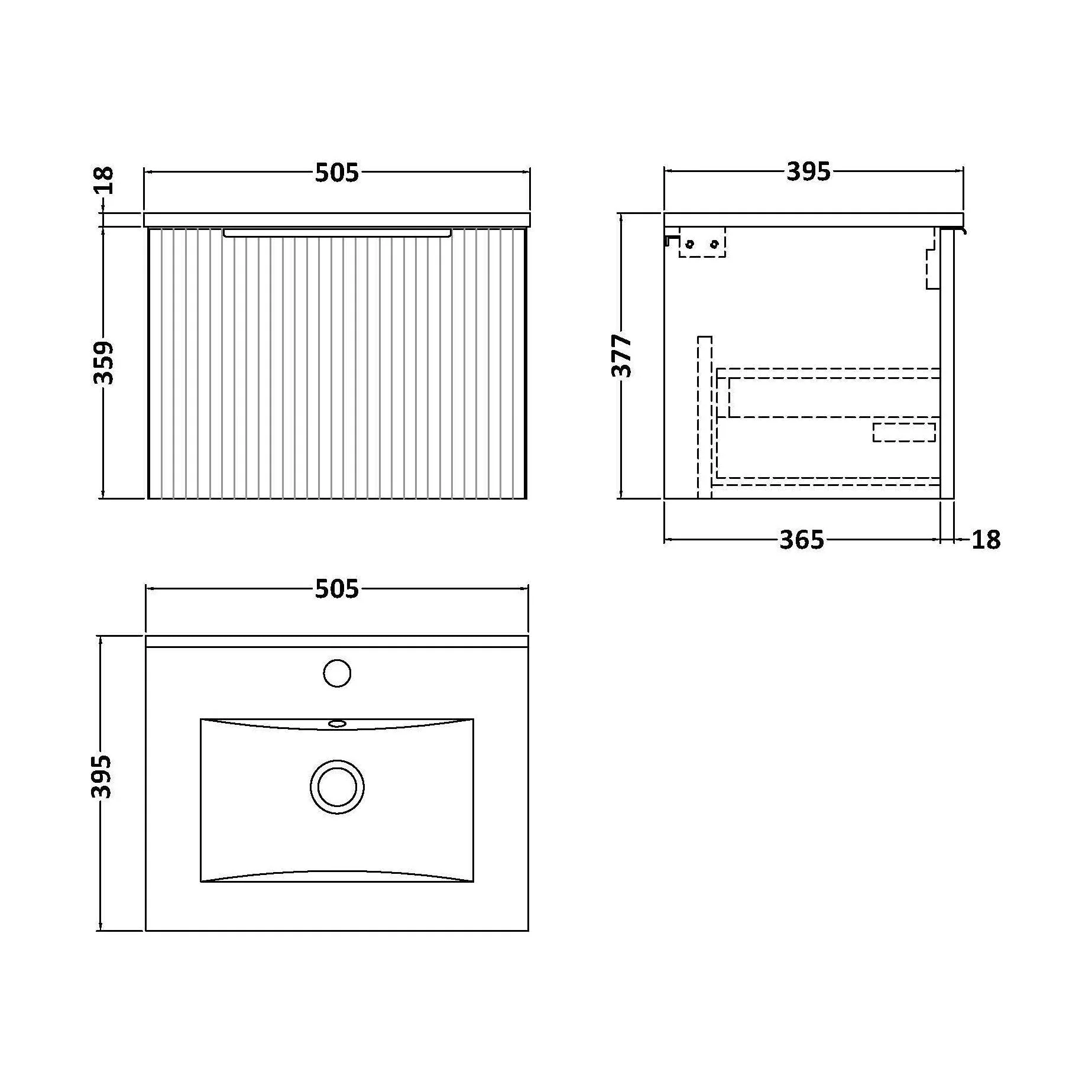 Tixall Fluted 1 Drawer Wall Hung Vanity Unit with Minimalist Basin, Dark Grey, 500mm - Image 2