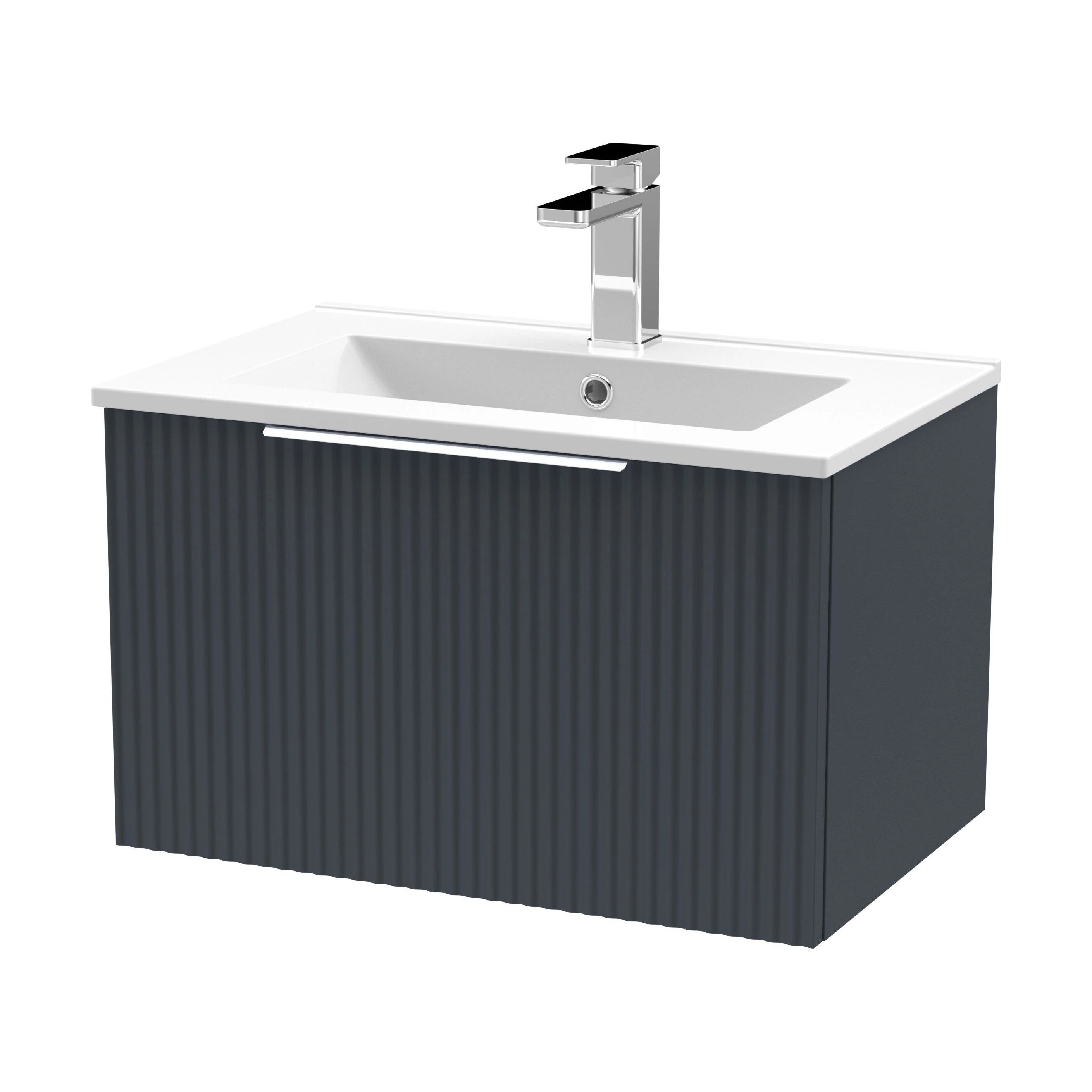 Tixall Fluted 1 Drawer Wall Hung Vanity Unit with Minimalist Basin, Dark Grey, 600mm