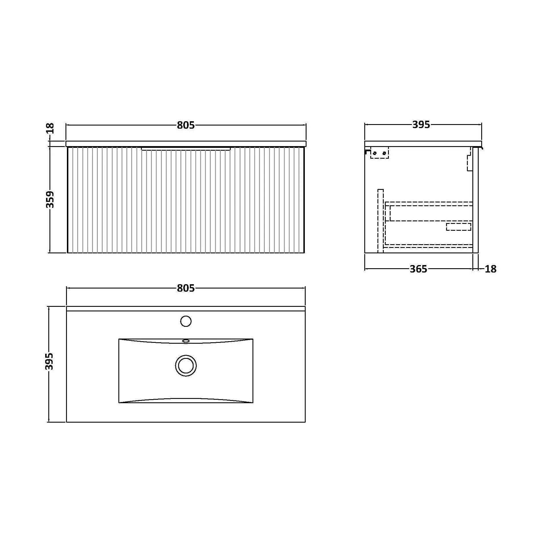 Tixall Fluted 1 Drawer Wall Hung Vanity Unit with Minimalist Basin, Dark Grey, 800mm - Image 2