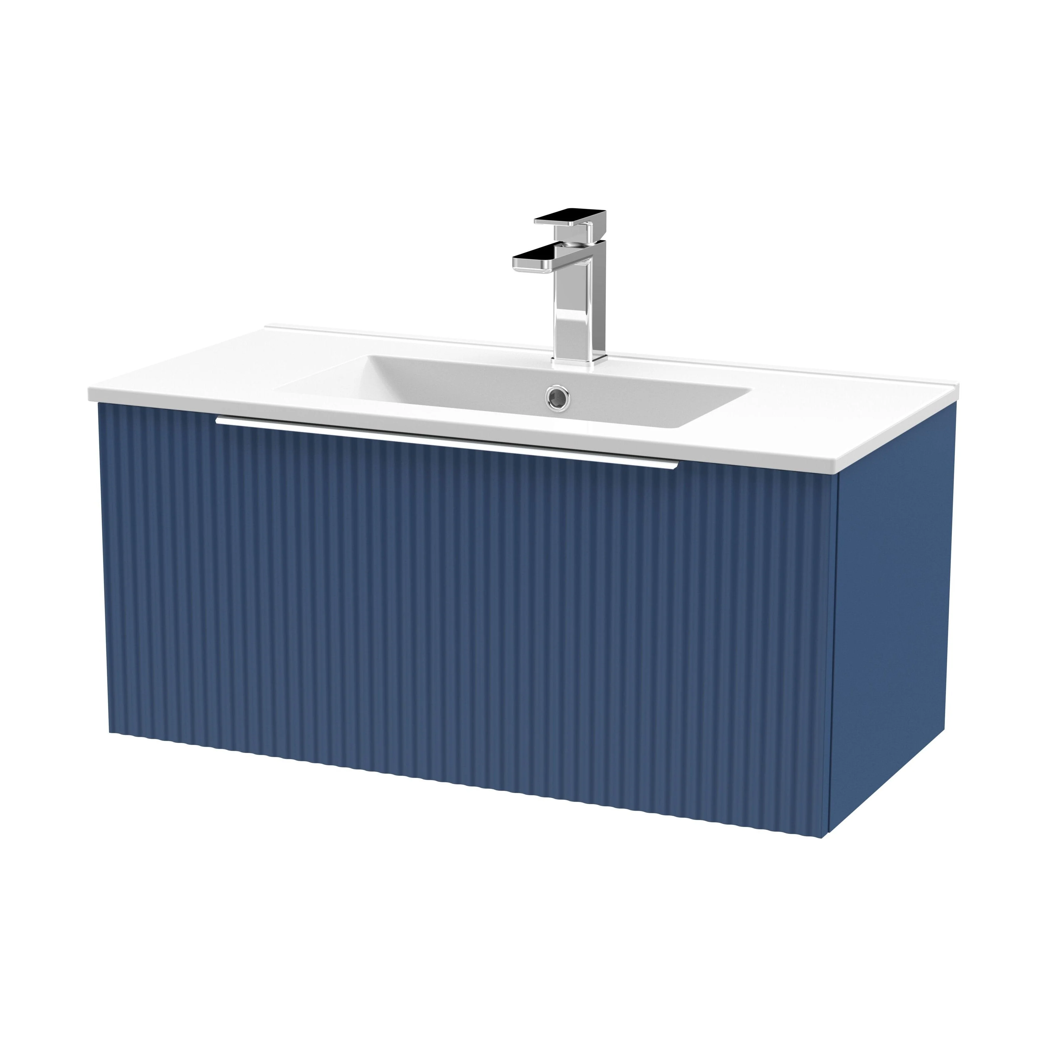 Tixall Fluted 1 Drawer Wall Hung Vanity Unit with Minimalist Basin, Satin Blue, 800mm