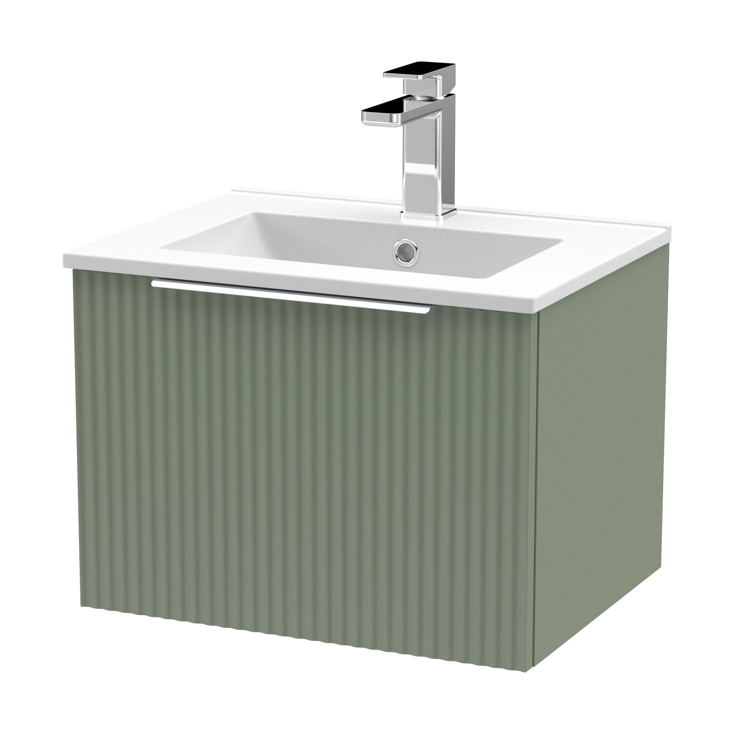 Tixall Fluted 1 Drawer Wall Hung Vanity Unit with Minimalist Basin, Satin Green, 500mm