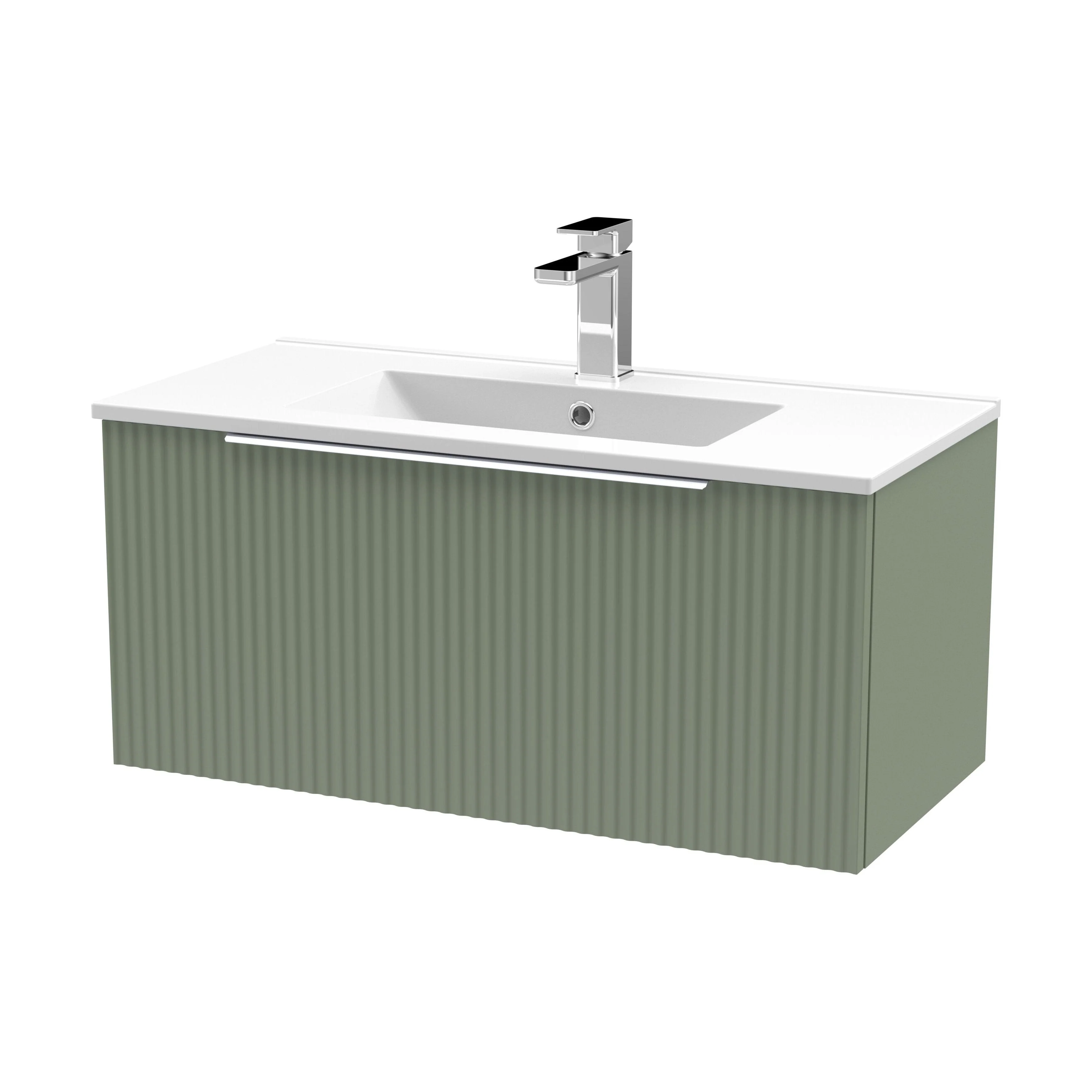 Tixall Fluted 1 Drawer Wall Hung Vanity Unit with Minimalist Basin, Satin Green, 800mm