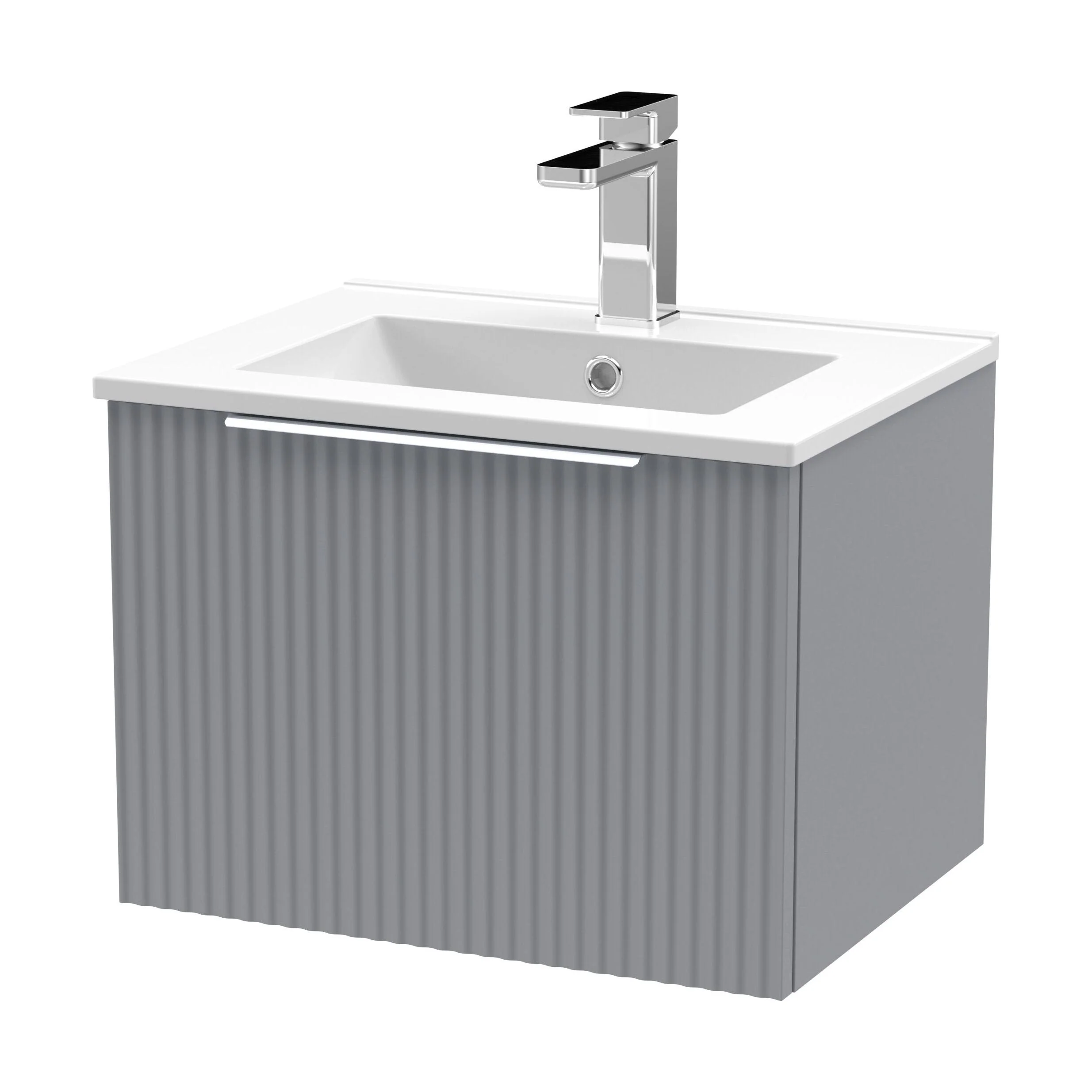 Tixall Fluted 1 Drawer Wall Hung Vanity Unit with Minimalist Basin, Satin Grey, 500mm