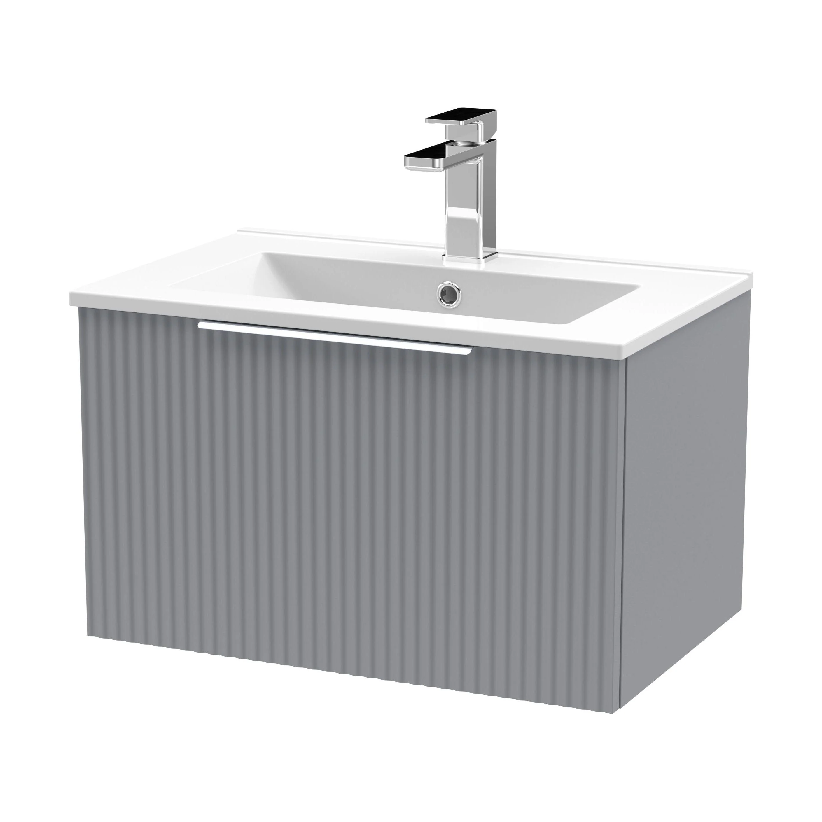 Tixall Fluted 1 Drawer Wall Hung Vanity Unit with Minimalist Basin, Satin Grey, 600mm