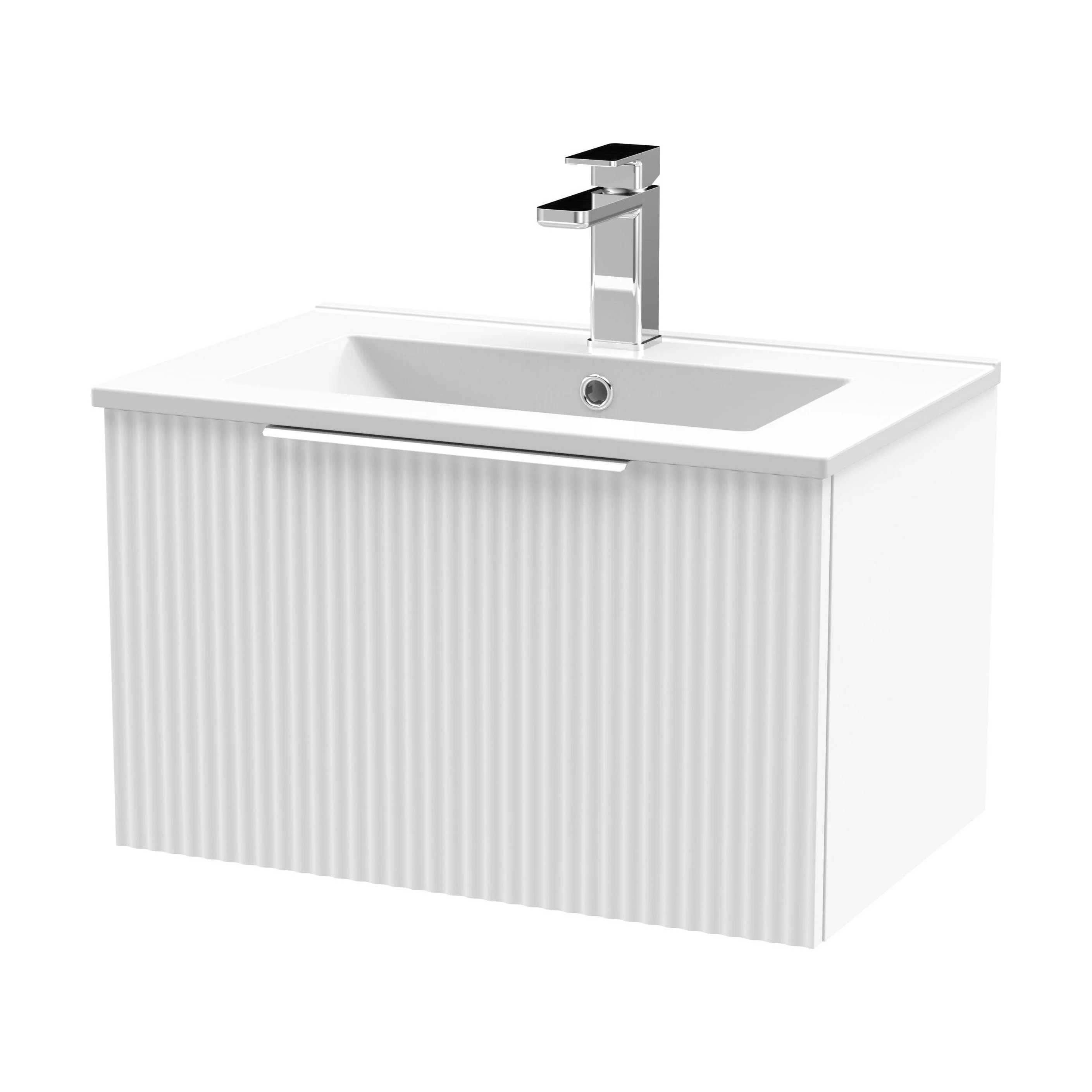 Tixall Fluted 1 Drawer Wall Hung Vanity Unit with Minimalist Basin, Satin White, 600mm