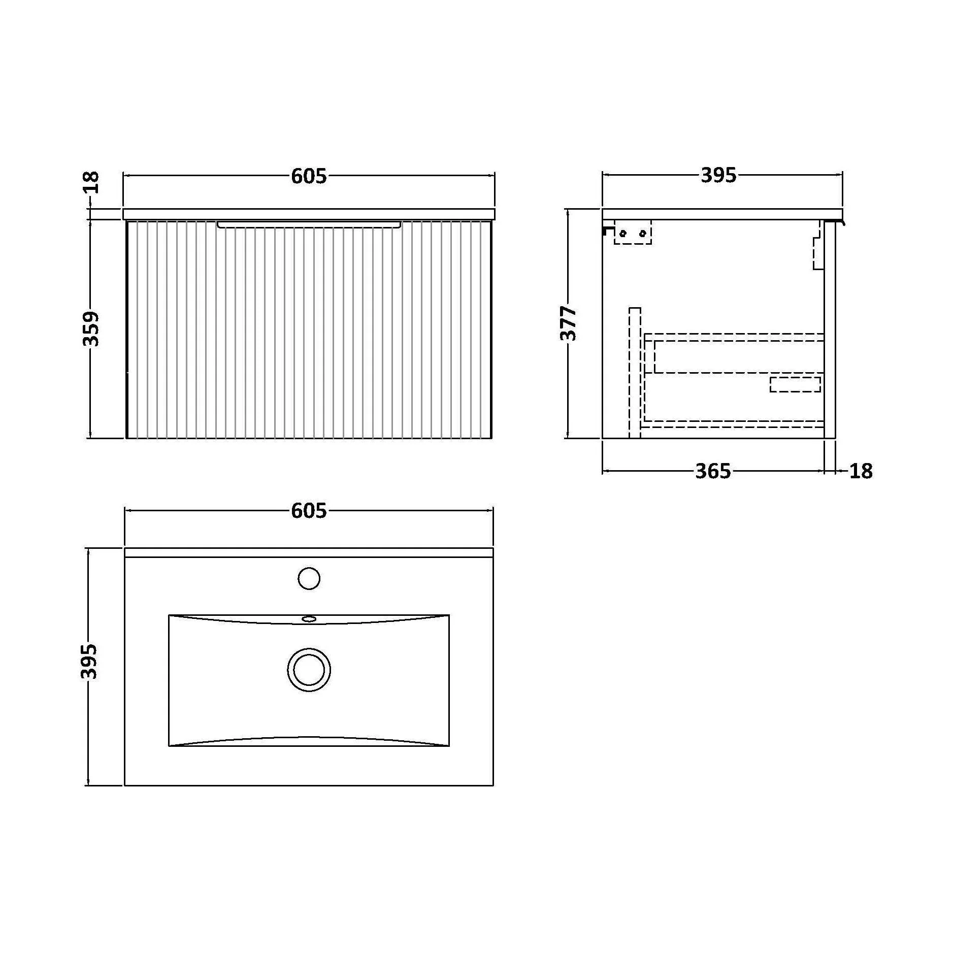 Tixall Fluted 1 Drawer Wall Hung Vanity Unit with Minimalist Basin, Satin White, 600mm - Image 2