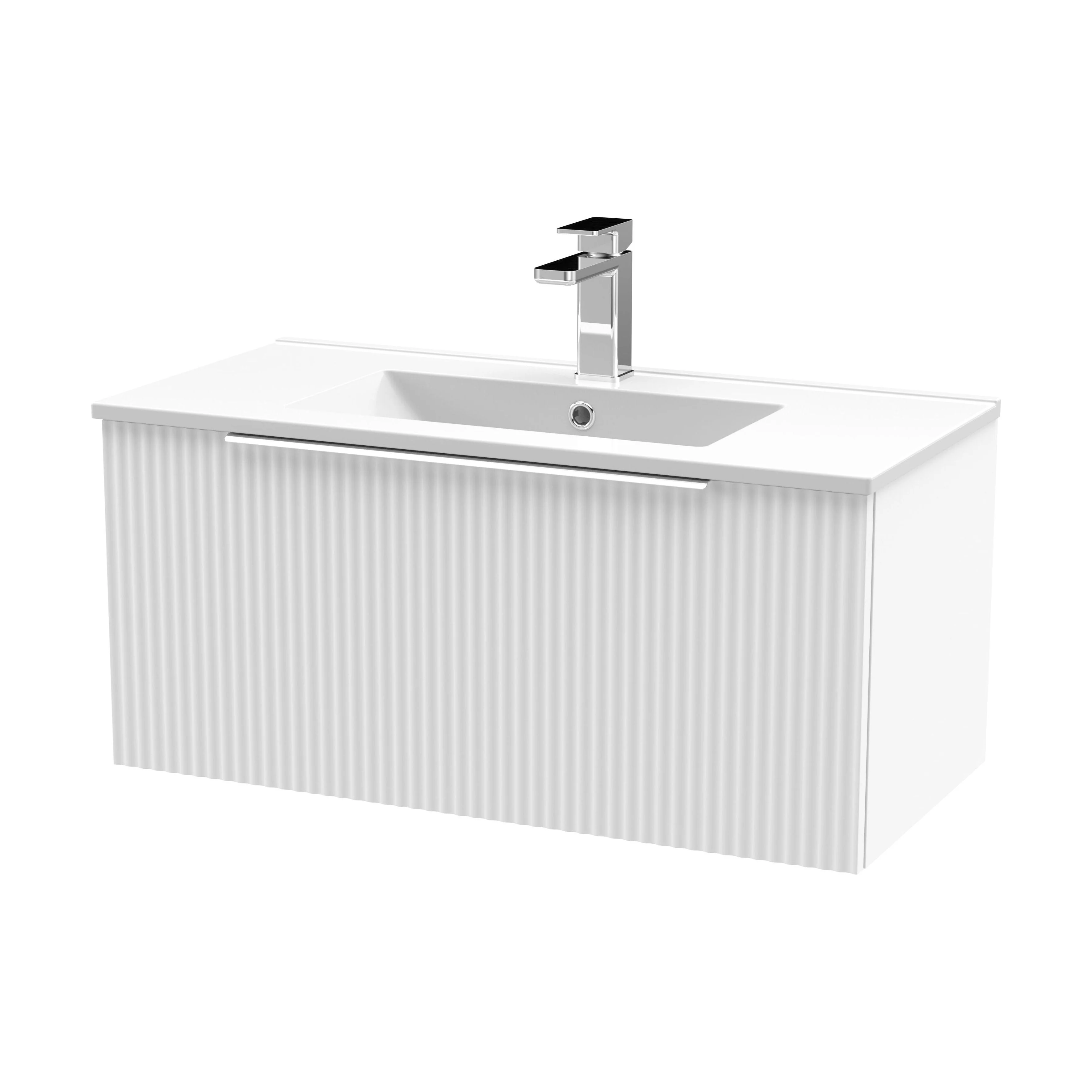 Tixall Fluted 1 Drawer Wall Hung Vanity Unit with Minimalist Basin, Satin White, 800mm